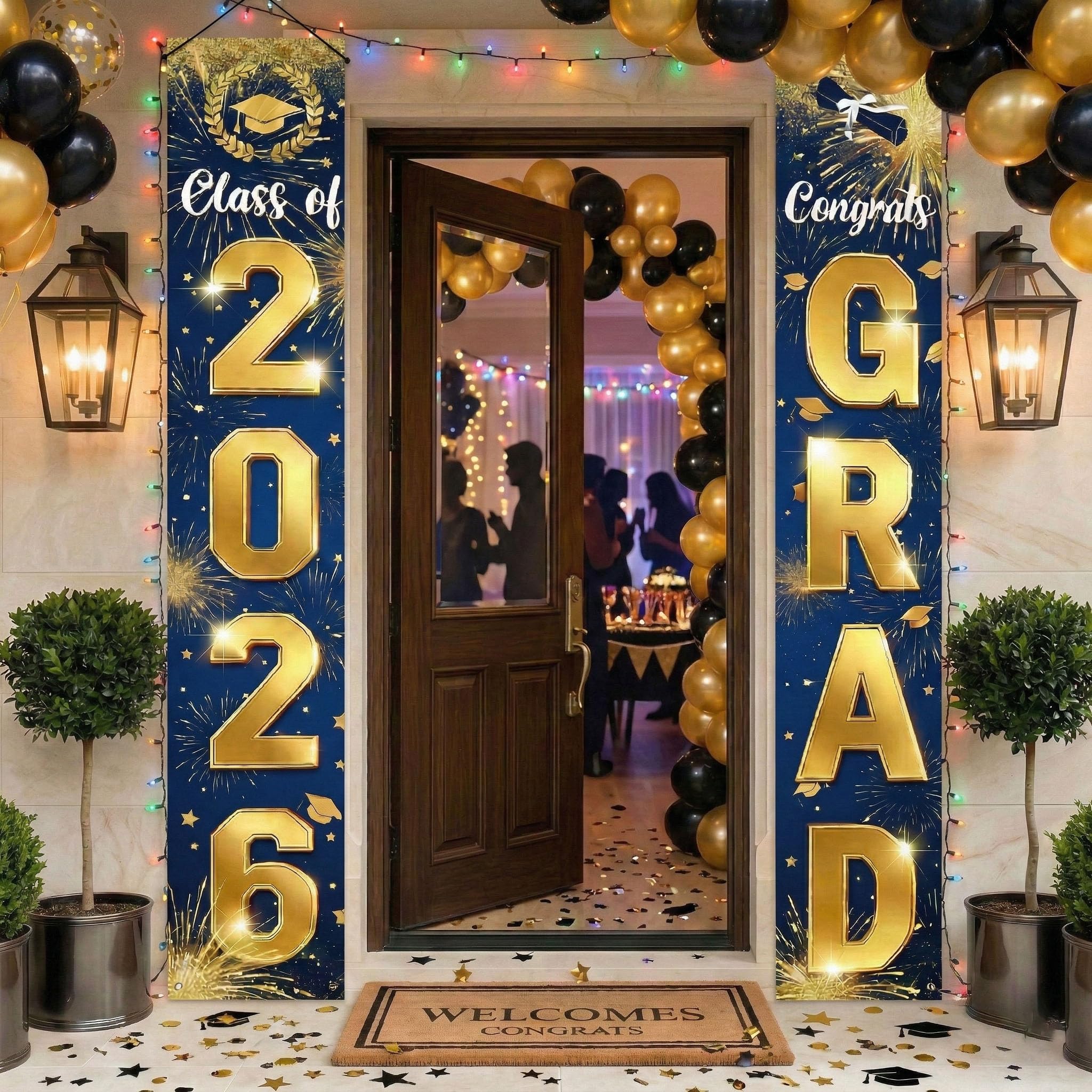 Photo 1 of 2026 Graduation Decorations Door Porch Banner, Graduation Party Decorations, Congrats Grad Class of 2026 Graduation Banner Black Gold, Graduation Decor for Any Schools or Grades Party Supplies (Blue)