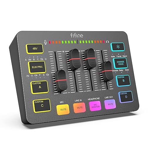 FIFINE Gaming Audio Mixer for Streaming, RGB PC Audio Interface, DJ Mixer with XLR Microphone Interface Volume Fader Individual Channel Design, Customized Soundboard for Podcast, Recording, Vocal-SC3 - Black