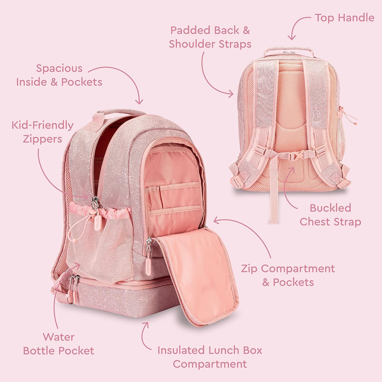 Bentgo Kids 2-in-1 Backpack & Insulated Lunch Bag - Glitter Designed 16” Backpack for School & Travel - Durable, Water Resistant, Padded, & Large Compartments (Glitter Edition - Petal Pink) - Image 3