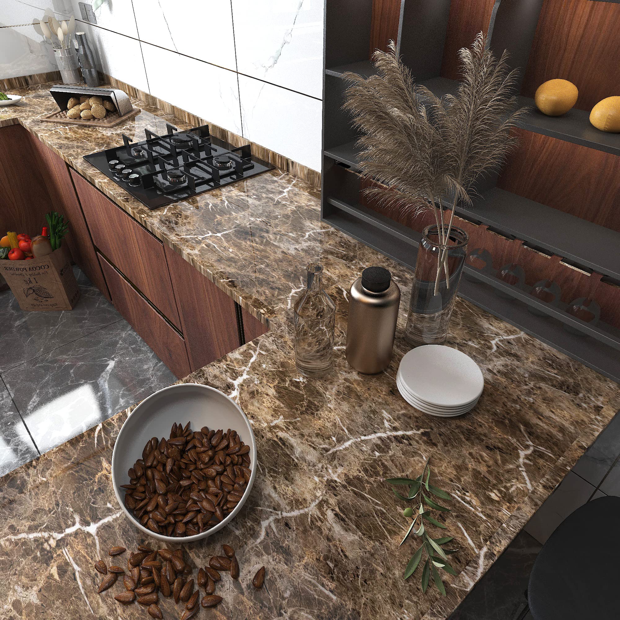 Burgeliy Peel and Stick Waterproof Wallpaper24×356in Vinyl Wrap Protector Auto Modification Tint Film Dark Brown Marble Shiny Granite for Kitchen