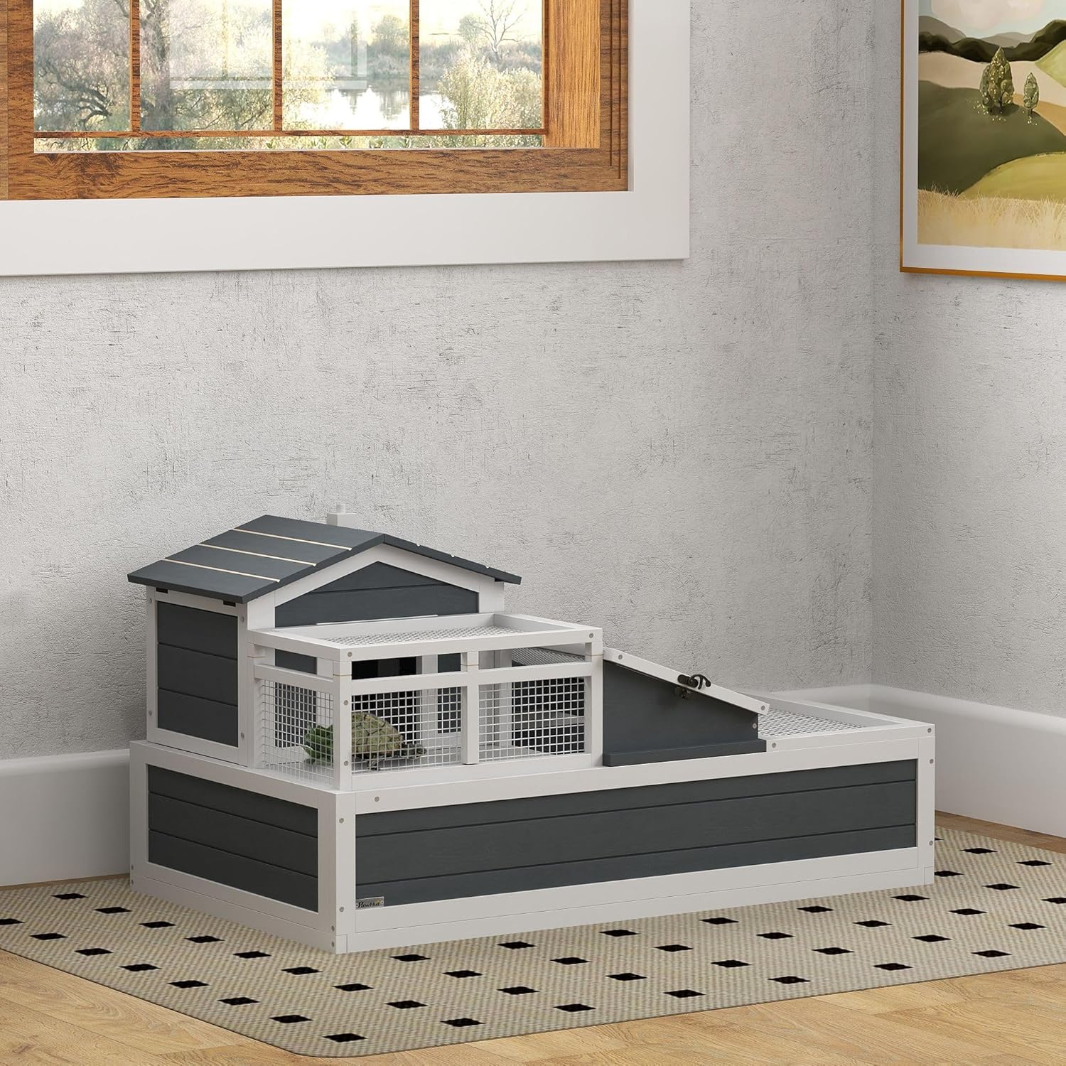 3-Room Tortoise Habitat House with Large Tortoise Habitat Balcony and 2 Stories, Reptile Enclosure for Indoor Tortoise Habitat Outdoor Use, Tortoise Enclosure Spacious Gray Turtle