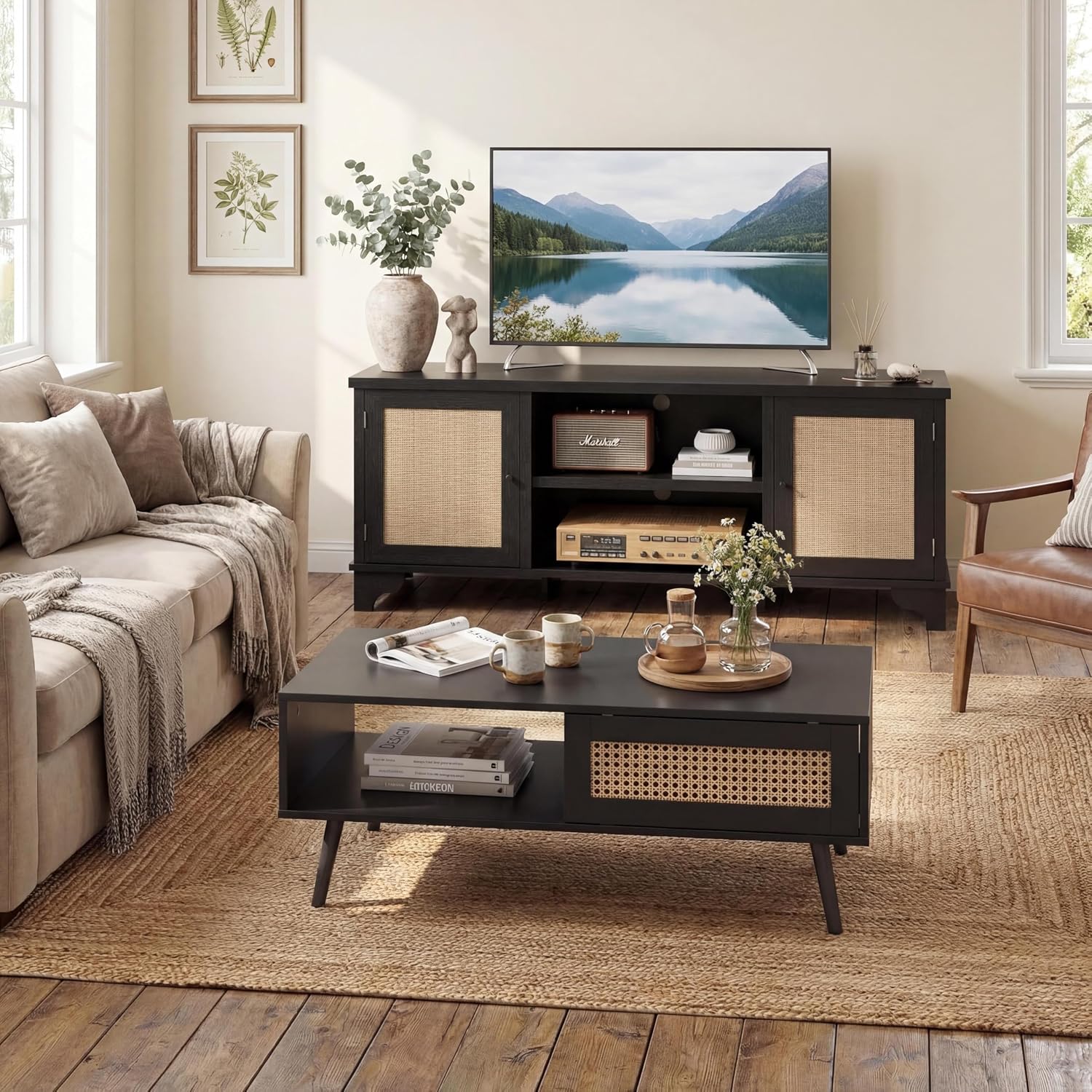 IDEALHOUSE Living Room Table Sets of 2, Includes 62" Rattan TV Stand Storage Cabinet for 65" TV, Farmhouse Coffee Table with Storage Shelf for Bedroom