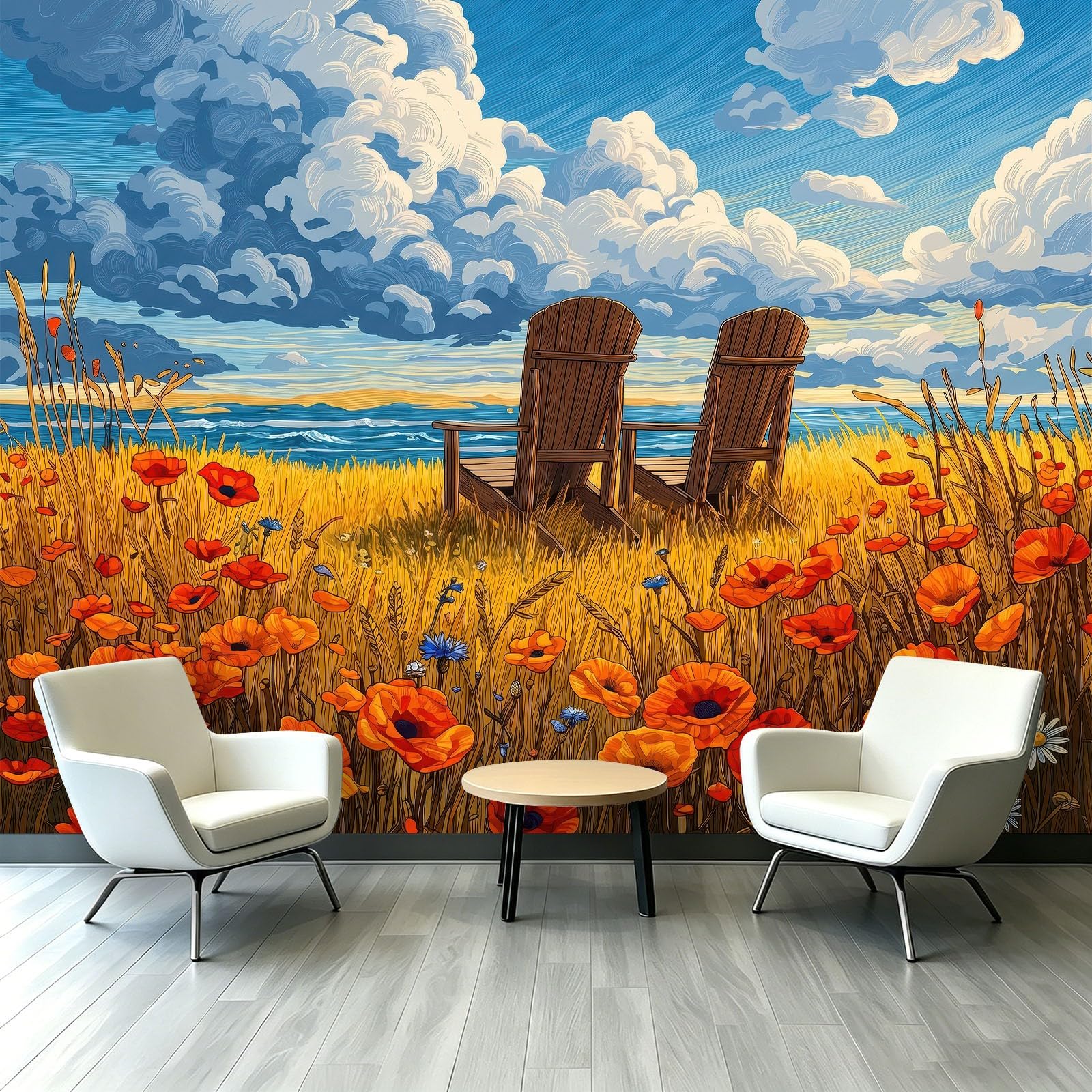 Kreskówka sielankowa fototapeta - 250 x 175 cm (szer. x wys.) fototapeta - trawa plażowa drewniane krzesło dekoracyjna tapeta do salonu, sypialni, biura i kuchni