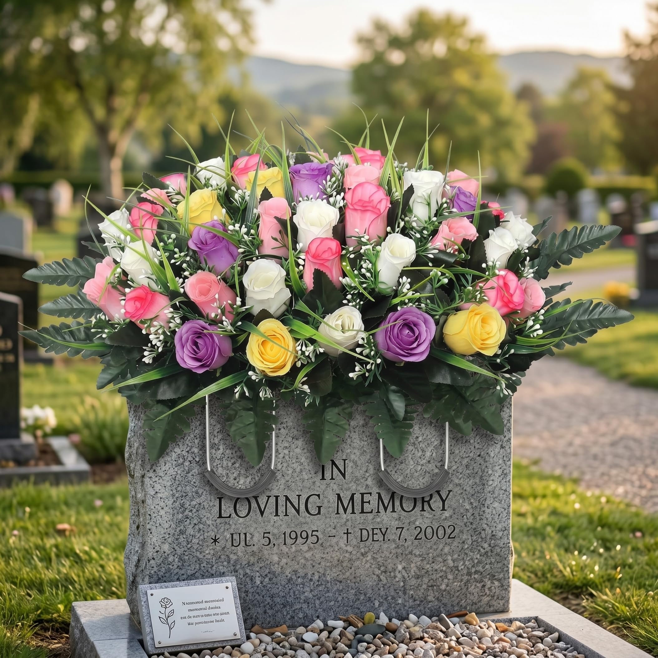 Faticenic Headstone Flower Saddle, Artificial Headstone Flower Saddle Cemetery Flowers with Roses & Greenery, UV-Resistant Tombstone Decorations (26x14 Inch), Cemetery Decorations For Grave, Flowers