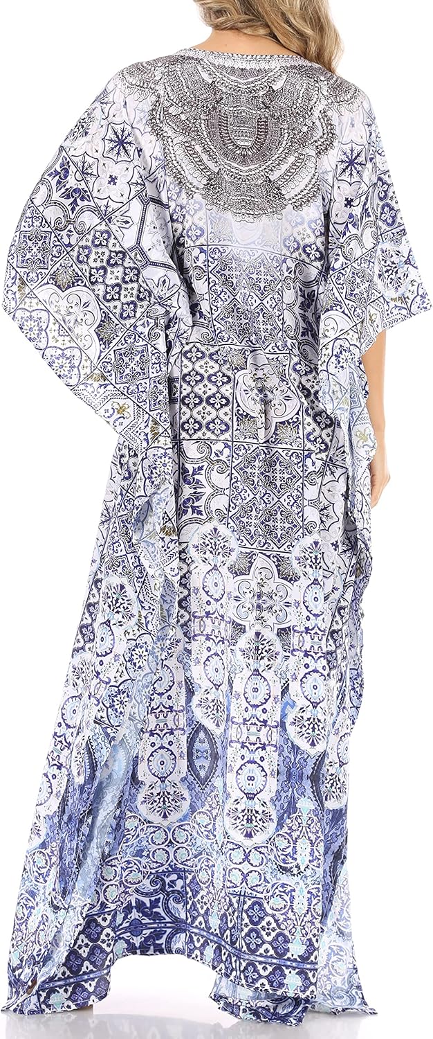 Sakkas Anahi Flowy Design V Neck Long Caftan Dress/Cover Up with Rhinestone