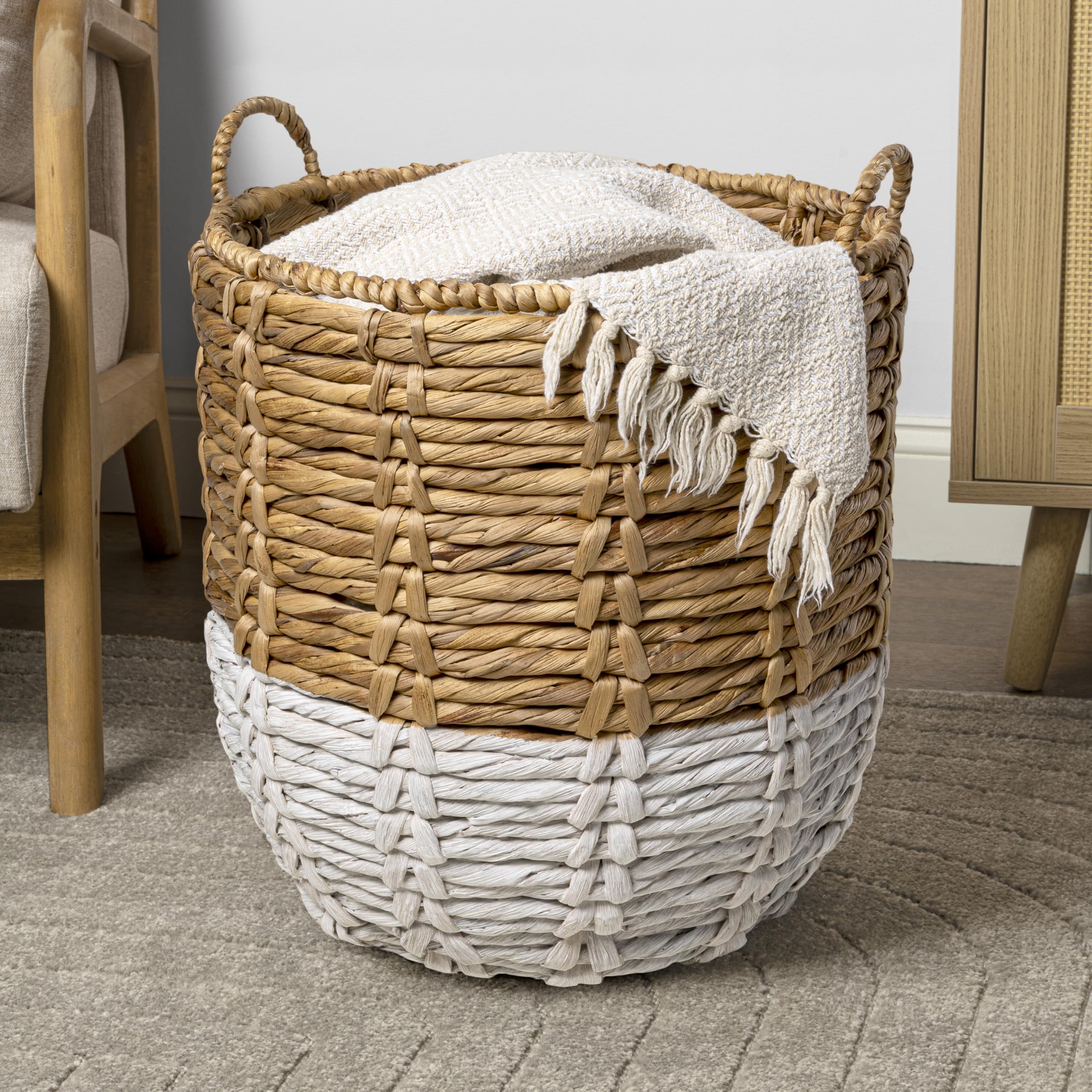 happimess BSK1003E Laurel 49,5 cm Bohemian Handgewebter Abaca Korb mit Griffen, Seegras Container zur Dekoration im Schlafzimmer, Wohnzimmer, Waschküche, Eingang, Natur, Natur/Weiß