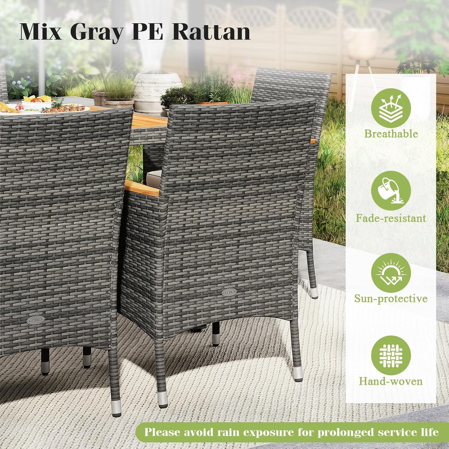 DORTALA Patio Dining Furniture Set for 8, 9 Piece All-Weather PE Rattan & Acacia Wood Outdoor Table and Chairs with Umbrella Hole, Cushions for Backyard Poolside, Mix Grey