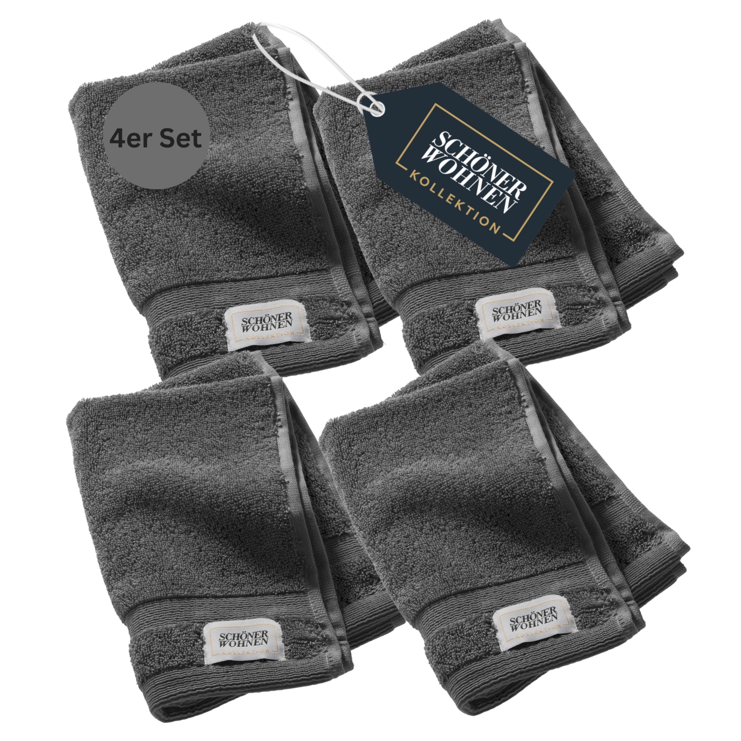 SCHÖNER WOHNEN 4er Set Premium Gästehandtuch 30x50 cm - saugstark - Luxus Handtücher Anthrazit 4teilig - 100% Baumwolle - flauschig weich - als Handtuch-Set kombinierbar - Frottee Kinder - Öko-Tex