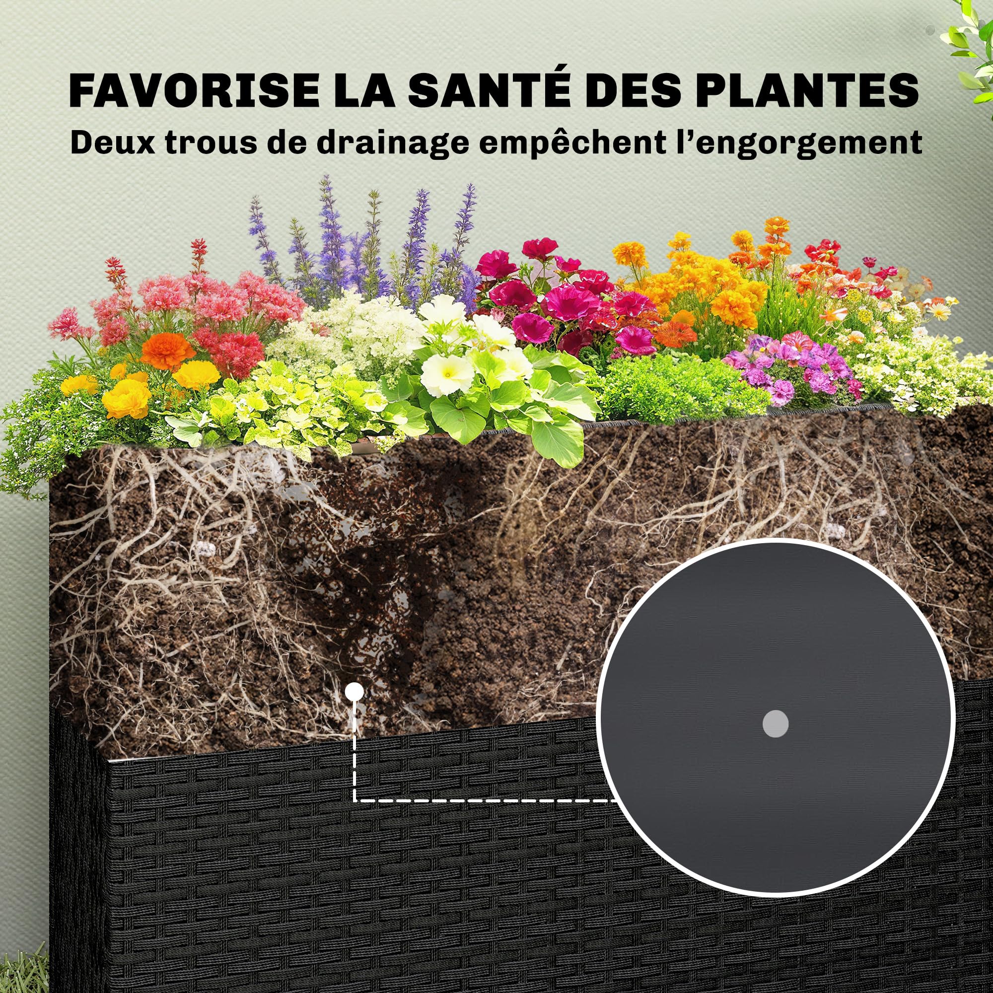 Outsunny Jardinière surélevée en résine tressée, support de fleurs avec bac amovible et pieds réglables, cadre en acier, pour fleurs et légumes dans patio, balcon, terrasse, noir