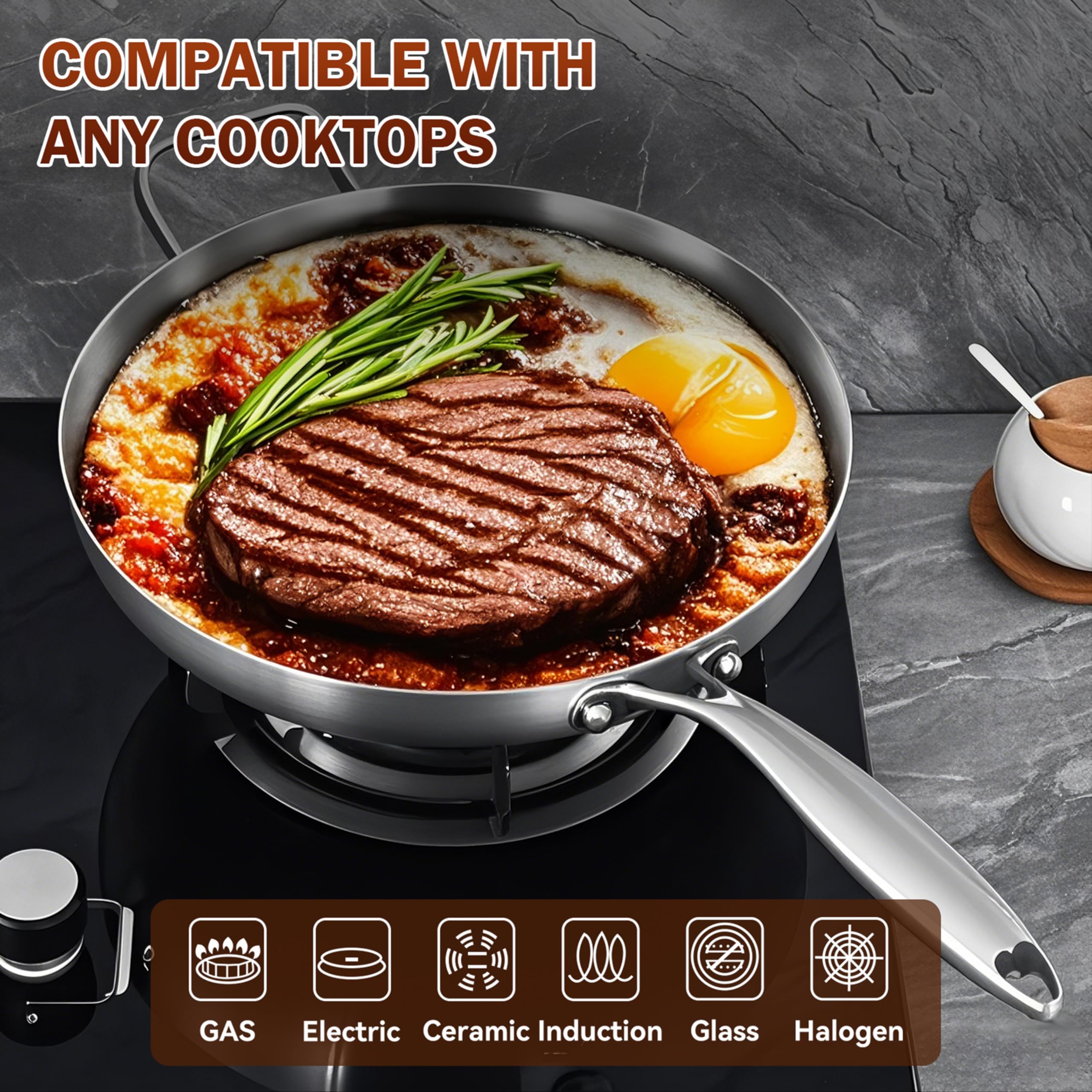 Inqibee 30 CM Tri-Ply Stainless Steel Frying Pan with Lid,Induction Cooking Pan,Ergonomic Detachable Helper Handle,Even Heating and Oven Safe - Image 3