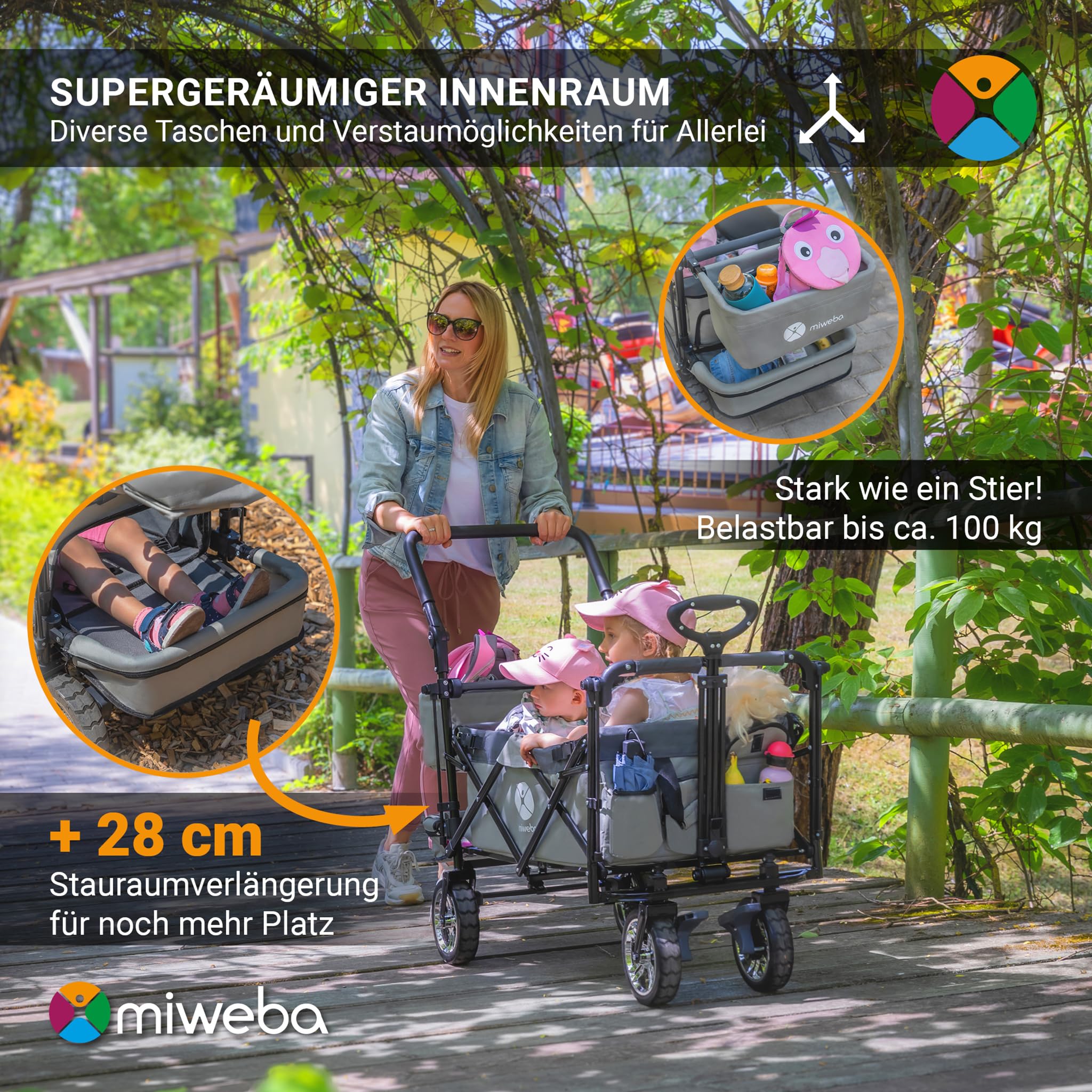 Miweba Faltbarer Bollerwagen MB-20 | Sonnendach UV-beständig - 2X Anschnallgurte - Transportwagen für Kinder - Traglast 100 Kg - Wagen - Feststellbremse - Hartgummireifen (Grau)