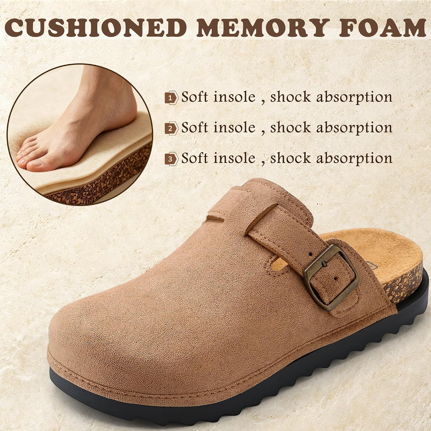 Genuine Suede Clogs for Women, Platform Cork Footbed Leather Mules Potato Shoes Non-Slip Sole, Adjustable Metal Buckle, Slip-on Sandals Potato Shoes with Arch Support for Indoor and Outdoor