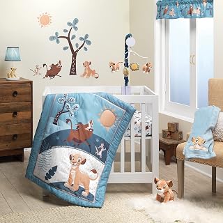 Lambs & Ivy Lion King Adventure 3-Piece Mini Crib Bedding Set - Simba, Pumbaa & Timon Quilt + Sheets, Blue