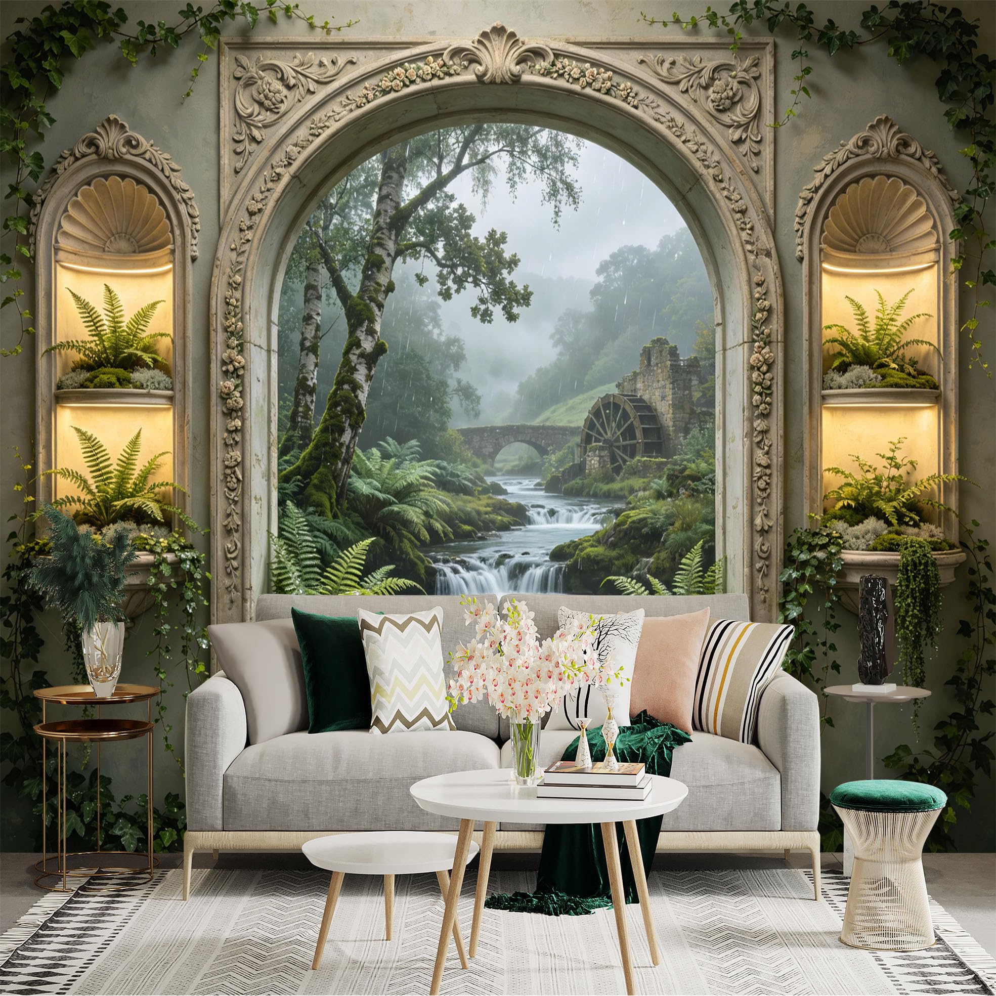 Custom Size Wall Sticker Mural， Vintage Stone Window with Lush Ferns， Waterfall and Old Bridge， for wall Decoration， peelandstick wall Decals.