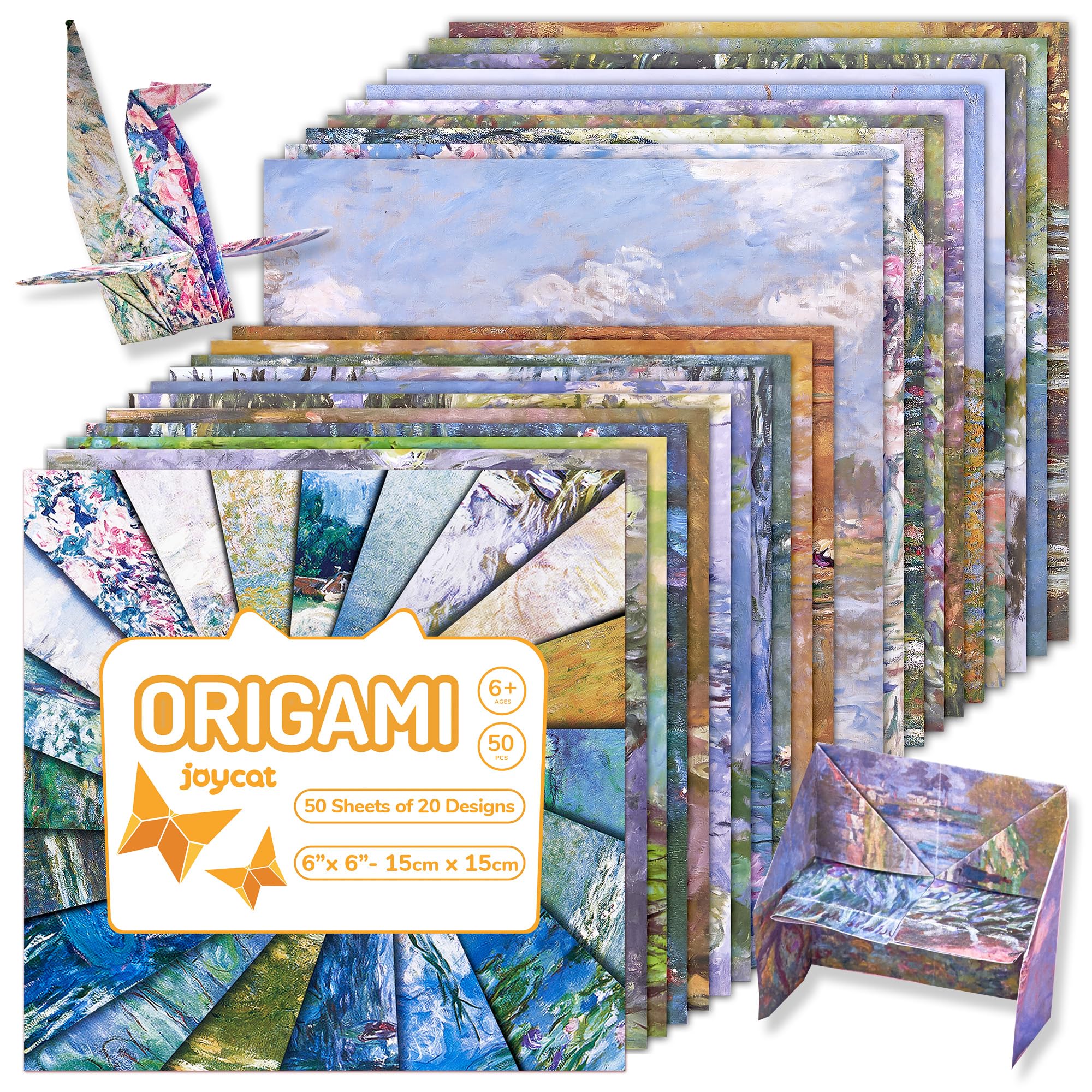 JoyCat Monet Inspired Origami Paper, 50 Sheets, 6 x 6 inches, Double Sided Folding Paper, for Adults and Artists
