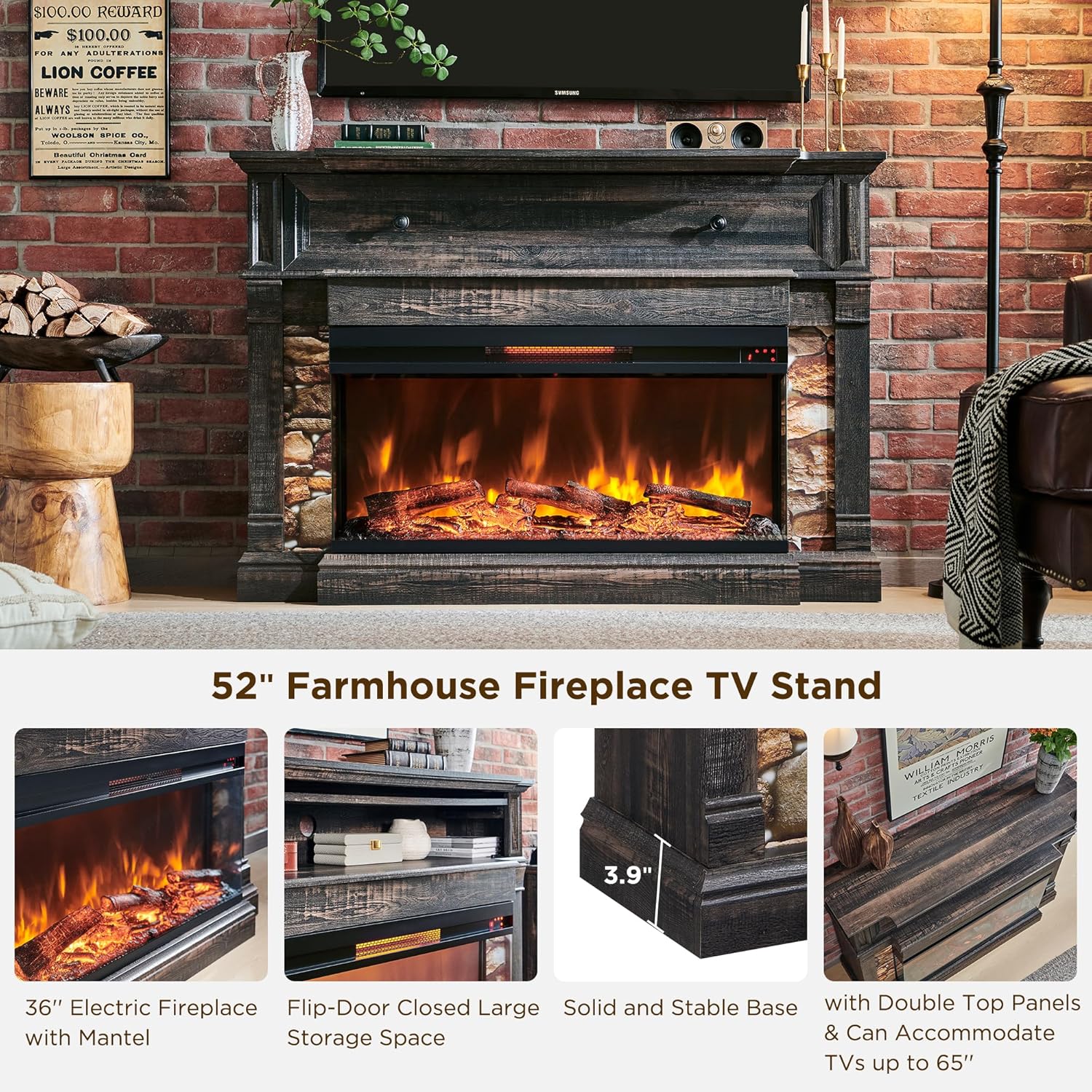 RedLemon Electric Fireplace with Mantel, 3-Sided Glass Farmhouse TV Stand with Fireplace for TVs up to 65", 52" Media Entertainment Center Console with Storage for Living Room, Dark Rustic Oak