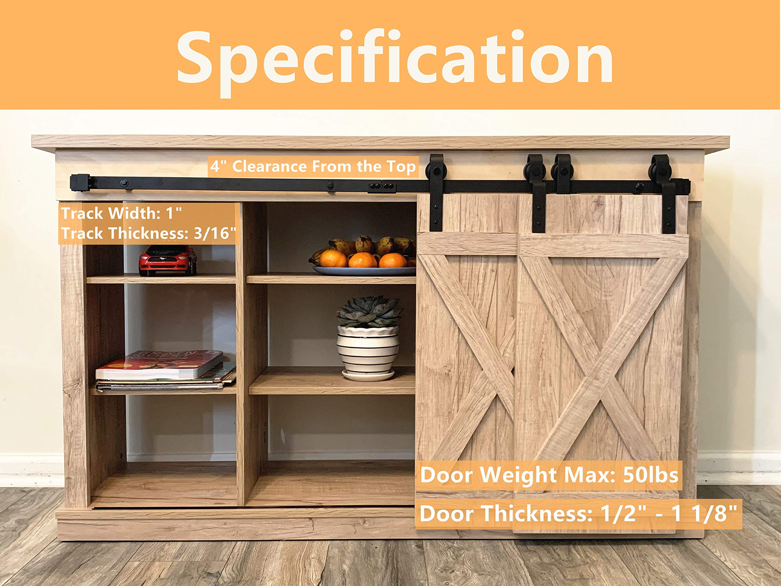 Bronco Hardware 4FT Super Mini Single Track Bypass Sliding Barn Door Hardware Kit, Small TV Stands Wardrobe Cabinets for Double Doors Hanger (Hardware Only No Cabinet)