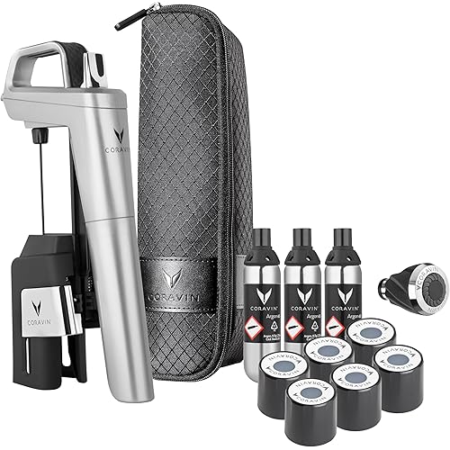 Coravin Timeless Six Plus Wine Preservation System - By-the-Glass Wine Saver - With 3 Pure Argon Gas Capsules, 6 Screw Caps & Wine Aerator - Silver