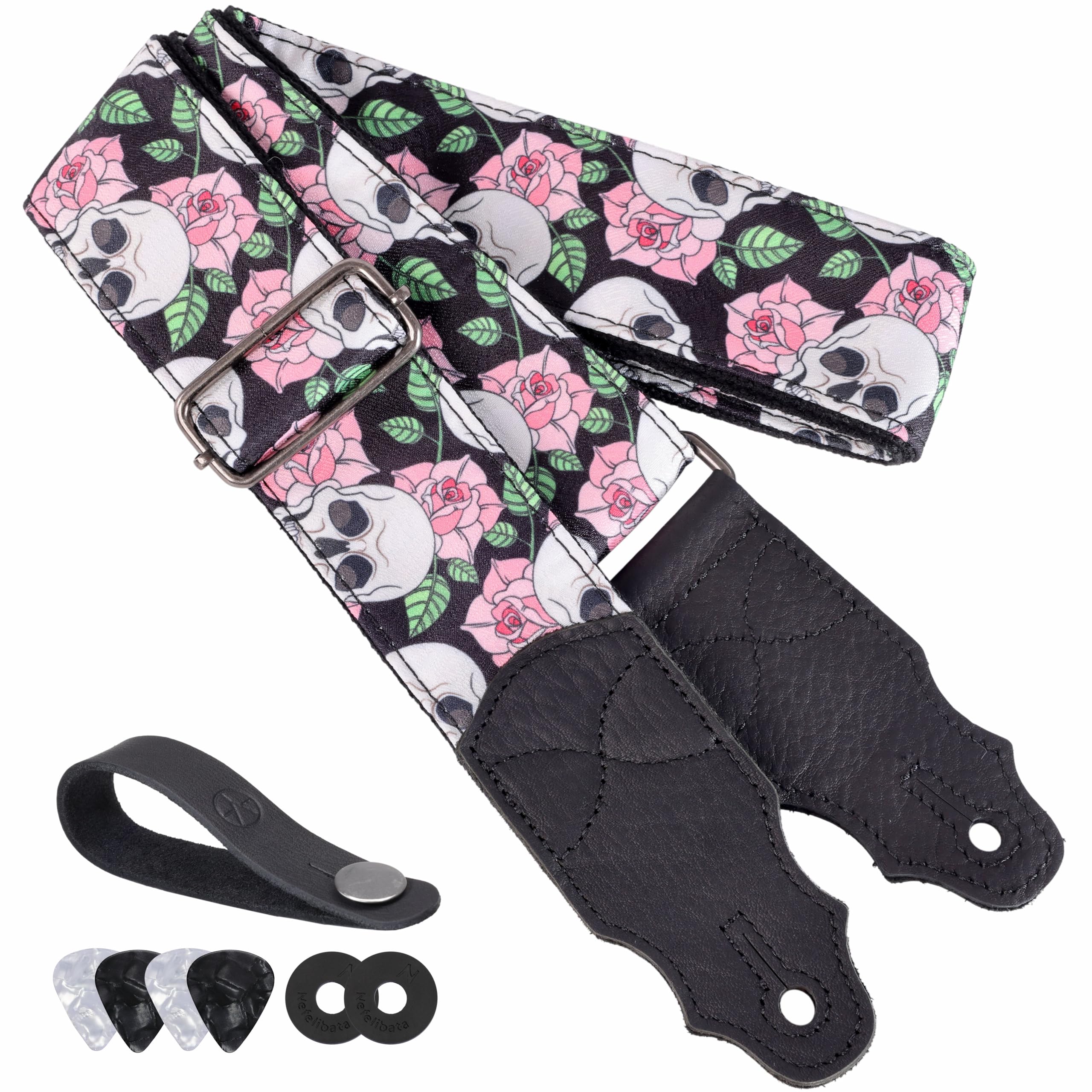 YIKOKO Guitar Strap Skull & Roses, Halloween Gifts, 2" Guitar Straps for Acoustic and Bass Electric Guitars Free Button