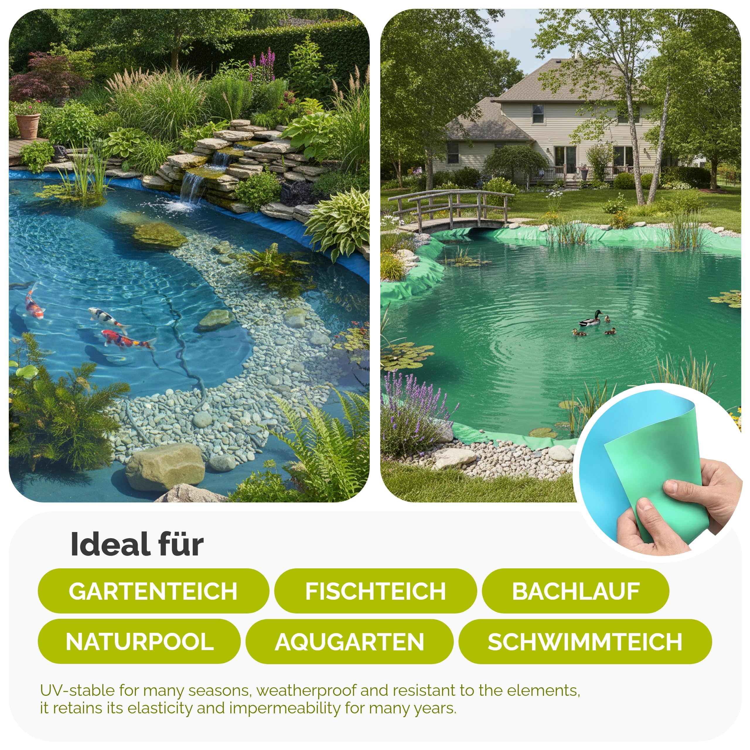 Garronda Teichfolie 6x5m (30m²) PE 0,5 mm Stärke - Gartenteich Fischteich Bachlauf UV-beständig 3-lagig wasserdichte Teich Folie für Wassergarten Brunnen Teichbecken Teichplane Blau-Grün GD-0223
