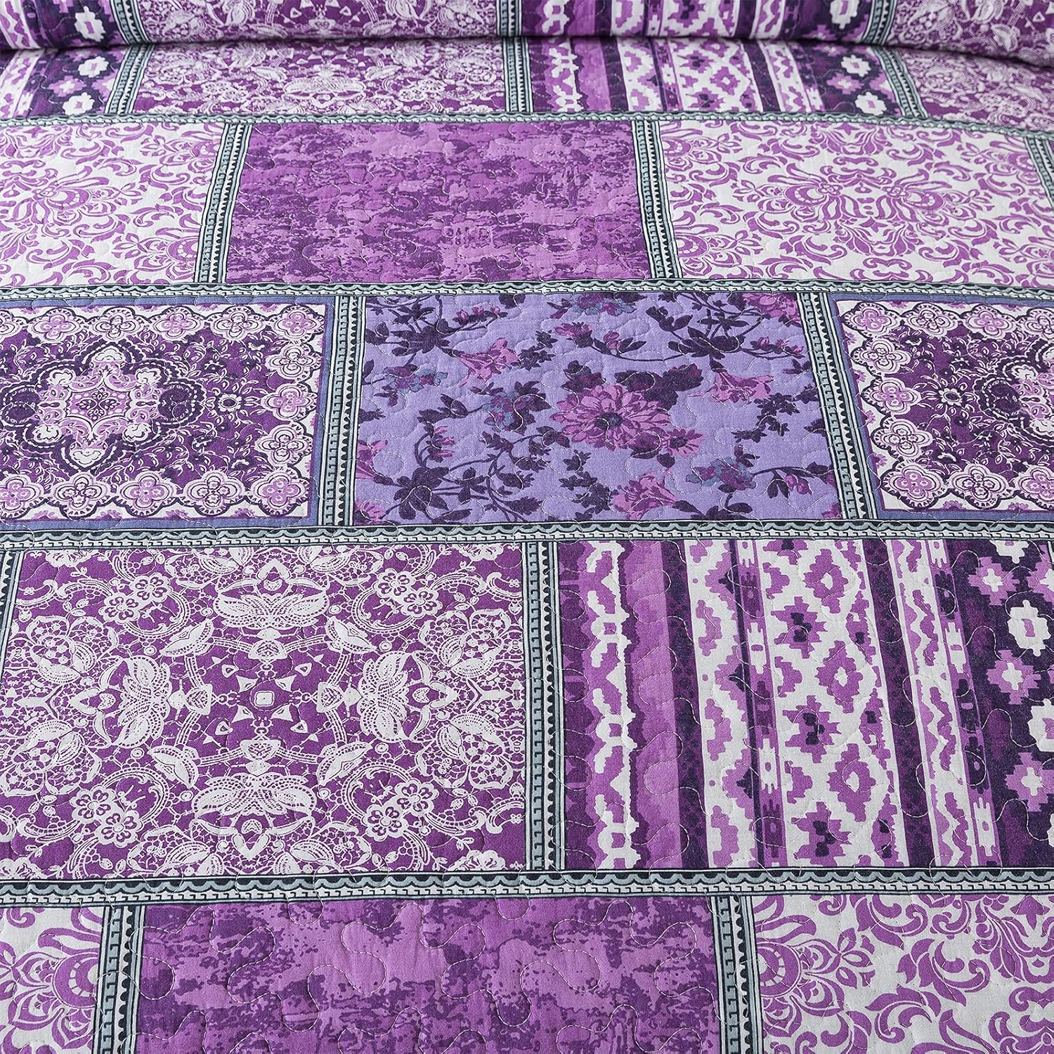 NEWLAKE Cotton Bedspread Quilt Sets-Reversible Patchwork Coverlet Set, Purple Classic Bohemian Pattern,Queen Size - Image 4