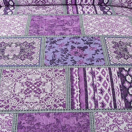 Vista 4 de NEWLAKE - Juego de colcha de algodón - Juego de cubrecama reversible con diseño de patchwork, patrón bohemio clásico - King, morado Púrpura Clásico