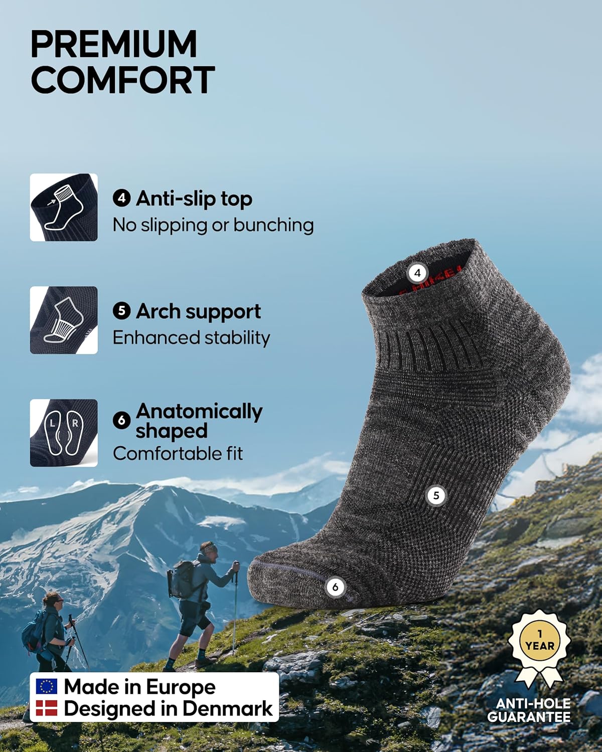 DANISH ENDURANCE Hiking Socks, Low Cut, Merino Wool Socks, Winter, Moisture Wicking, Thermal, for Men & Women, 3-Pack - Image 3