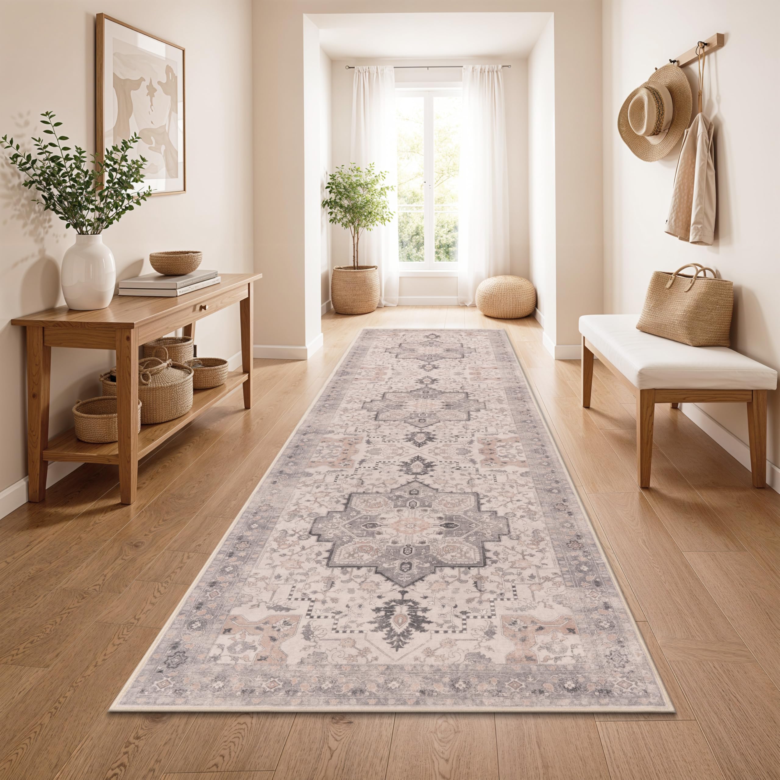 Paco Home Vintage Teppich Läufer Kurzflor Boho Stil Waschbar & rutschfest pflegeleicht modernes Retro Design, Farbe:Beige 3, Größe:80x150 cm
