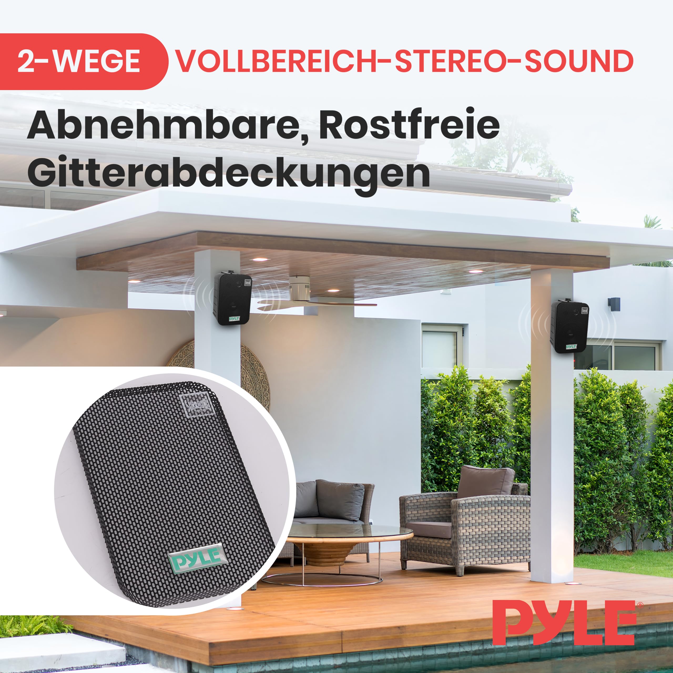 Pyle Outdoor Lautsprecher, Außen-Lautsprecher, 200W- Speaker, Wasserdicht, Musikbox- 2er Set, Indoor/Outdoor, für Patio, Garten,Deck, Boot, Terrasse, Restaurant, Leicht Montierbar