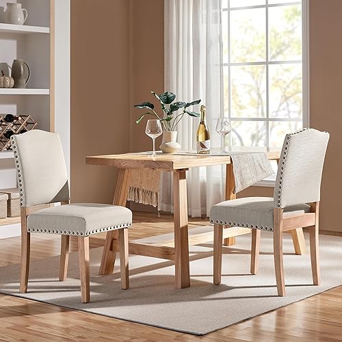 Miniatura 9 de Yaheetech Juego de 2 sillas de comedor de tela Parsons con ribete de cabeza de clavo y patas de madera maciza para el hogar, cocina, comedor, beige
