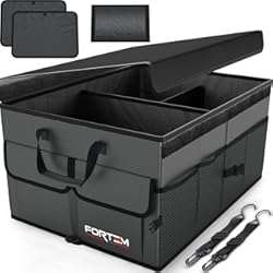 Baul Scirocco FORTEM Organizador de Maletero Coche y SUV - Organizador de Coche para Almacenamiento - Caja Plegable con 2 Compartimentos Grande - Base Antideslizante - Cinchas Ajustables - Tapa Extraíble (Gris)