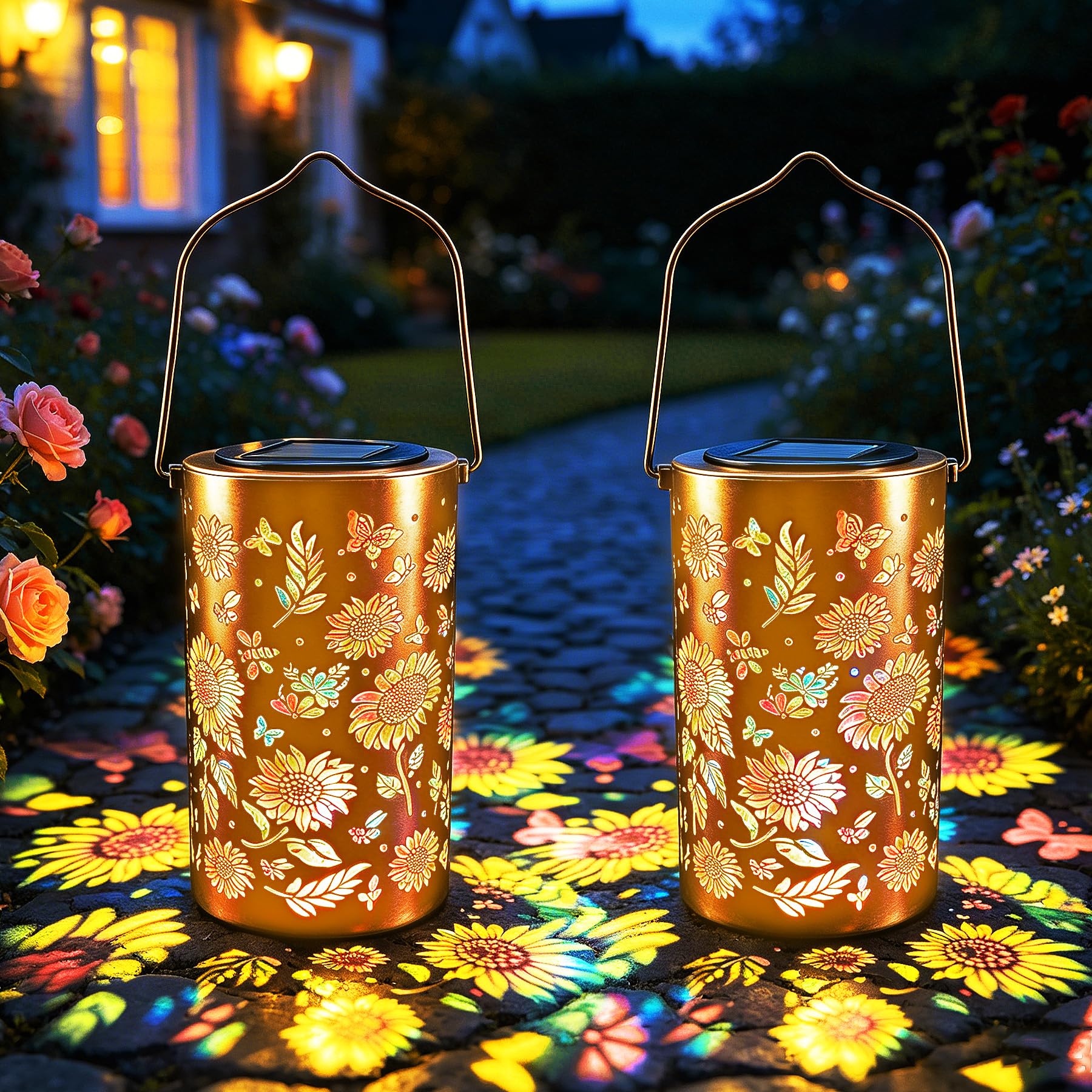 VEEKAY 2 Pezzo Lanterna Solare a Forma di Girasole per Esterno,Lampade Solari da Giardino in Metallo,IP65 Impermeabile,Lanterna Decorativa Da Giardino per Tavolo, Esterni, Terrazzo,Balcone