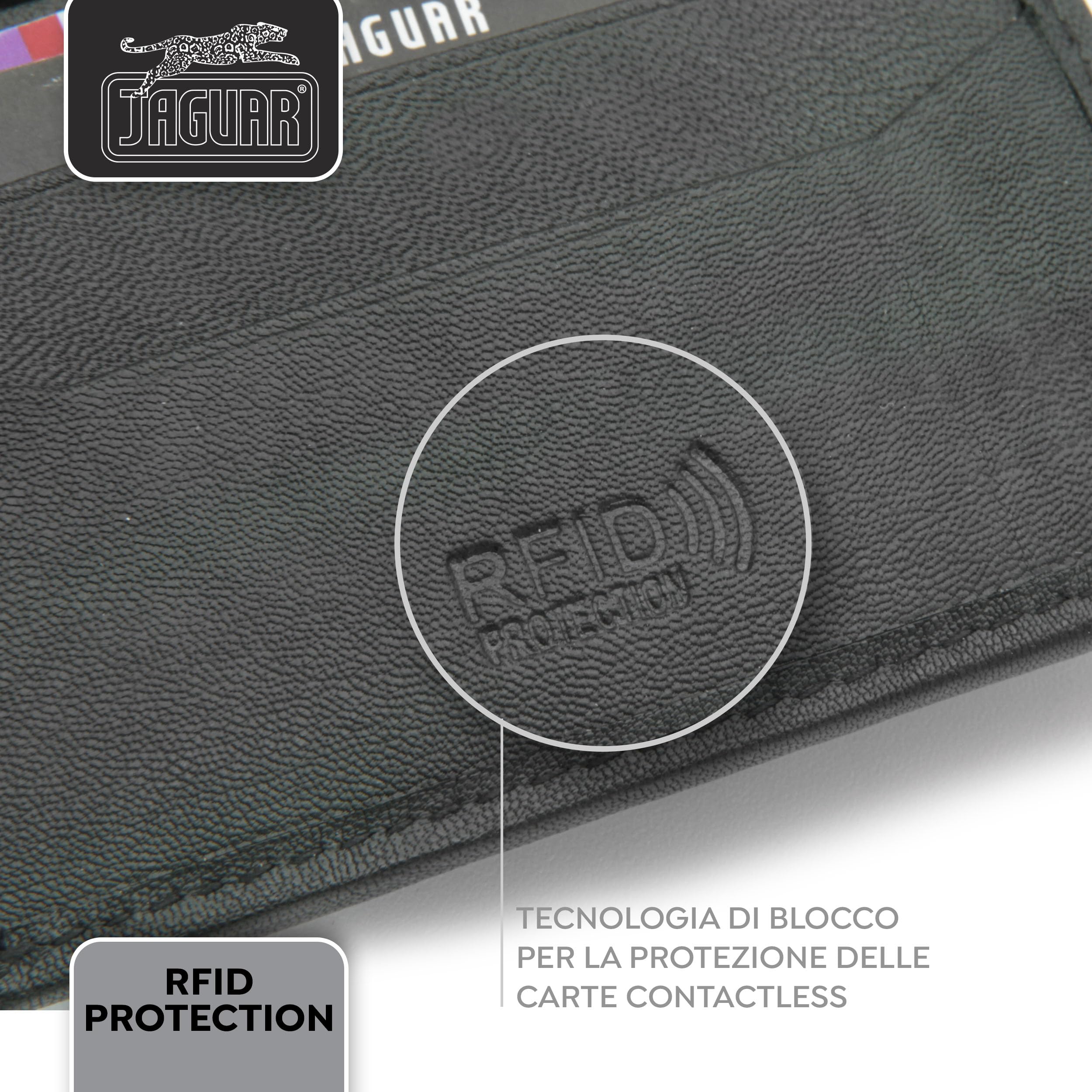 JAGUAR Porta Carte di Credito Uomo in Pelle con Protezione RFID e Logo Distintivo, Portacarte Uomo Portadocumenti Leggero e Comodo, Idea Regalo per Compleanno, Occasioni Speciali (Nero)