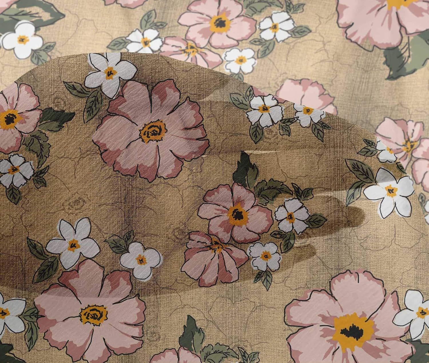 oneOone Viscose Chiffon Tan Fabric Leaves & Floral Artistic Sewing Material Print Fabric by The Yard 42 Inch Wide