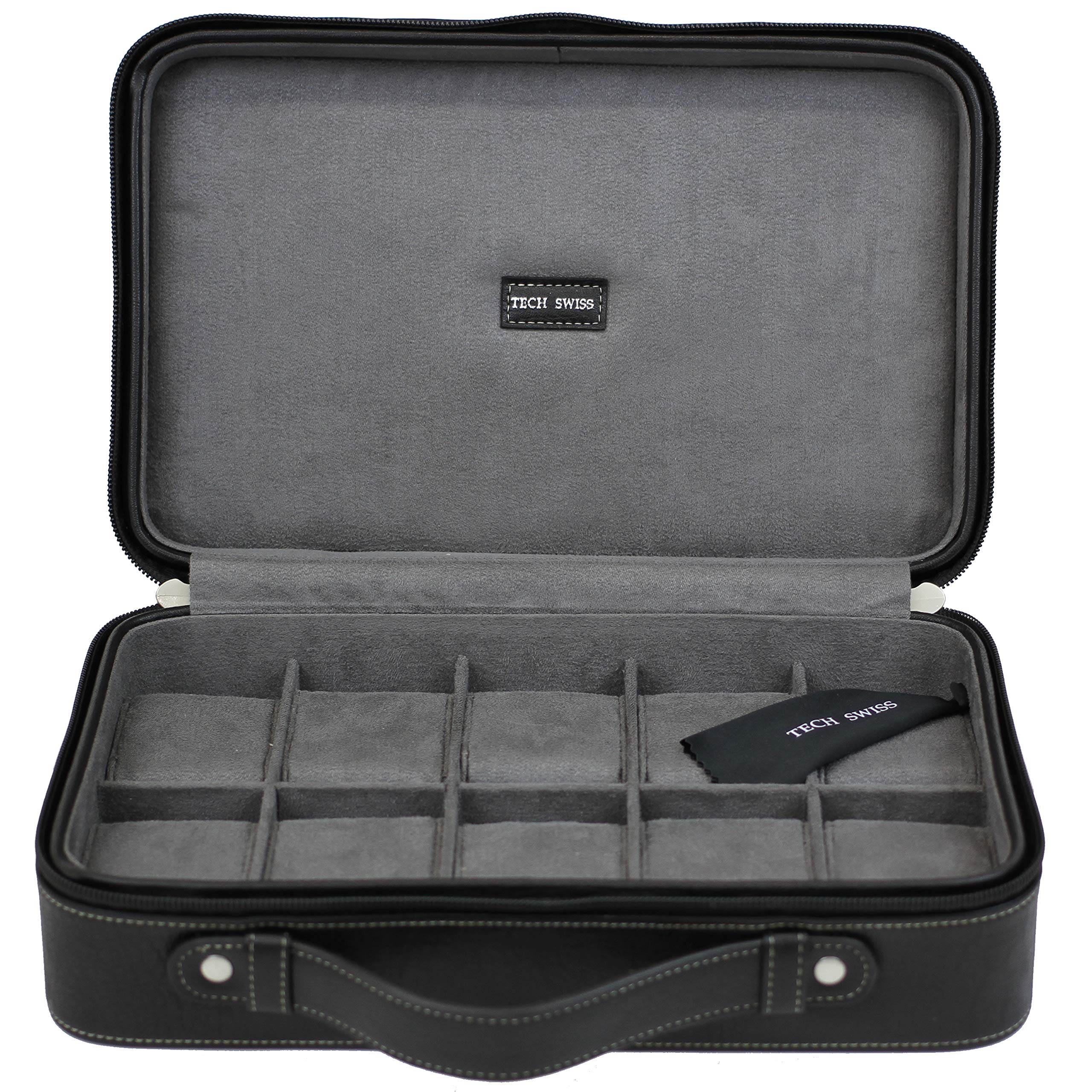 Tech Swiss Watch Case For 10 Travel Briefcase Design Leather Large Compartments Zipper (Black)