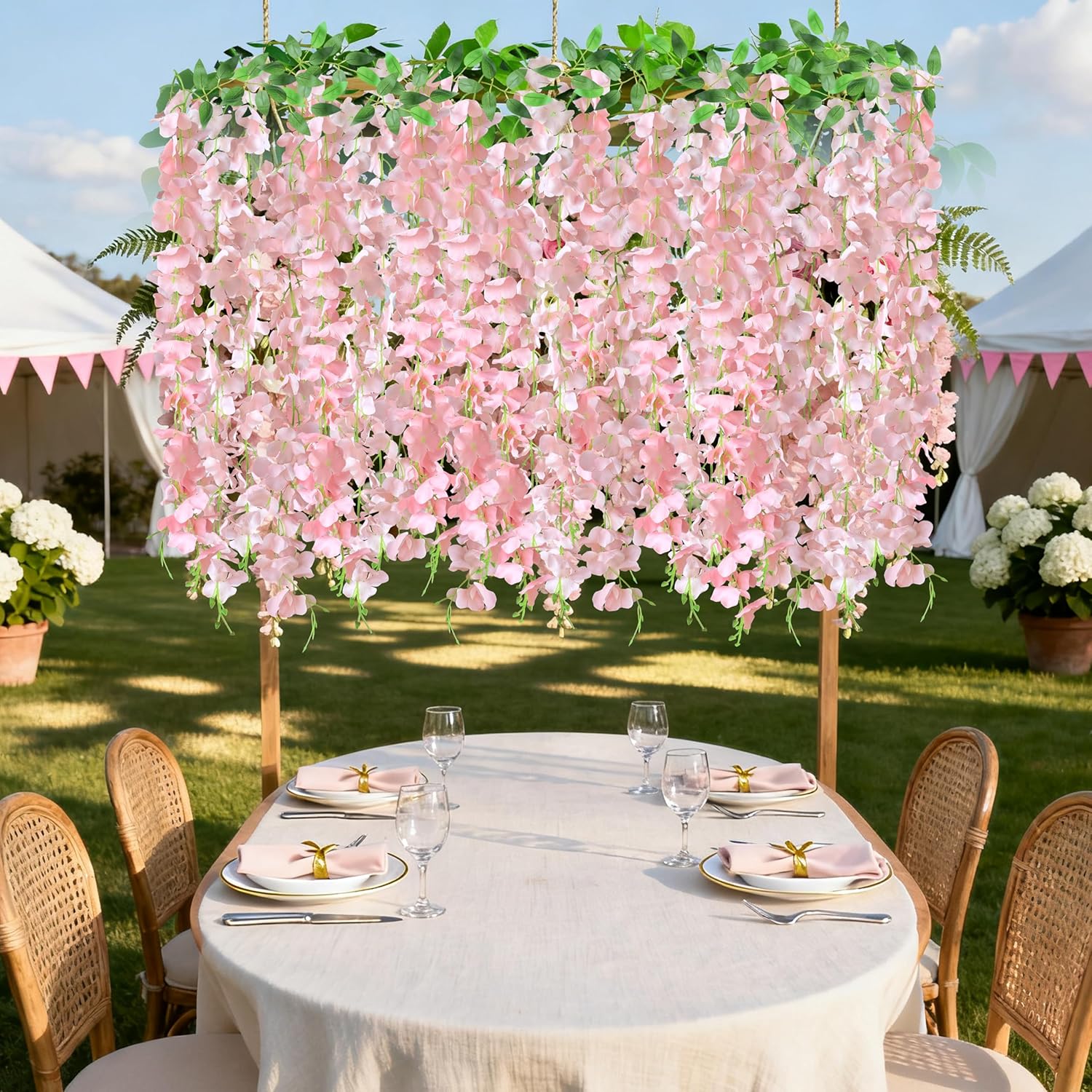 60 Branches Wisteria Hanging Flowers, 4Pcs Wisteria Artificial Flowers Garland, Artificial Wisteria Vine Silk Hanging Flower for Home Garden Outdoor Ceremony Wedding Arch Floral Decor (Pink)