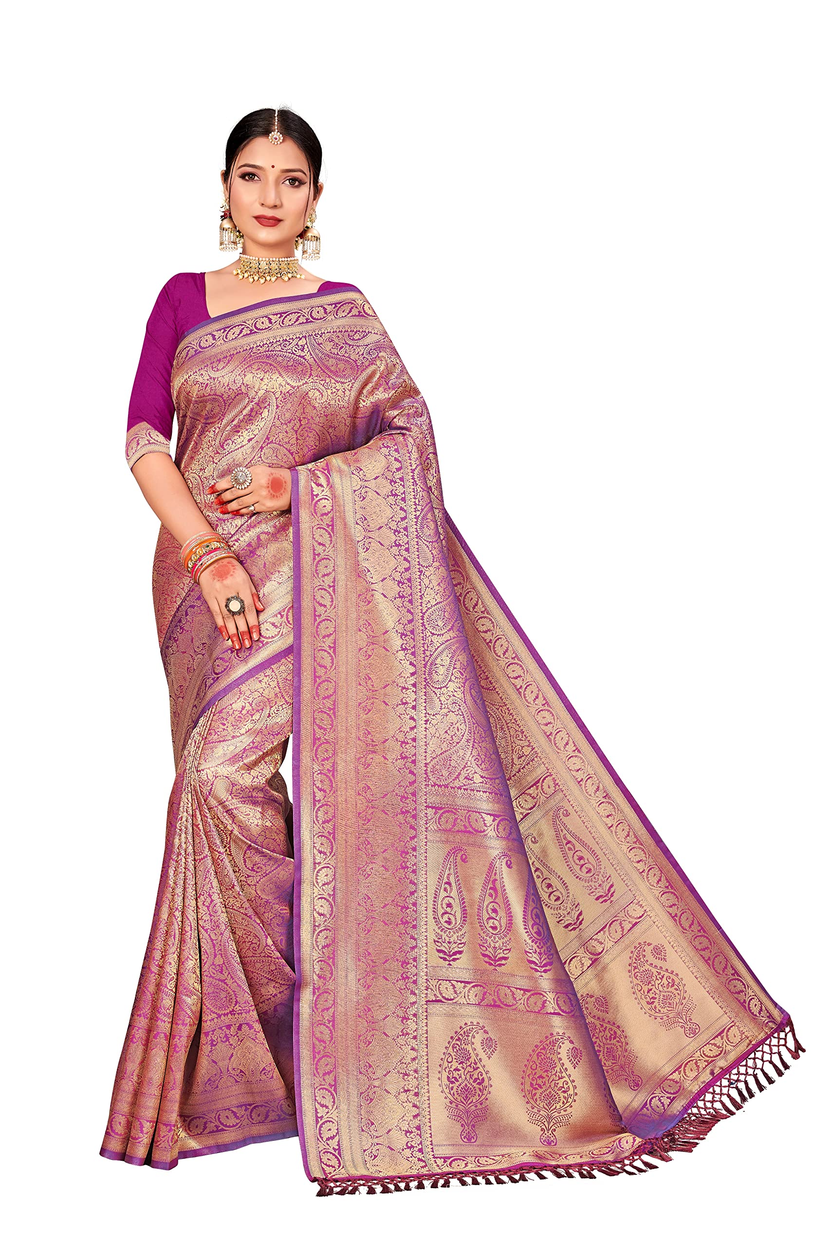 VardhaWomen's Kanchipuram Art Silk Saree with Unstitched Blouse Piece - Zari Woven Work Sarees for Wedding