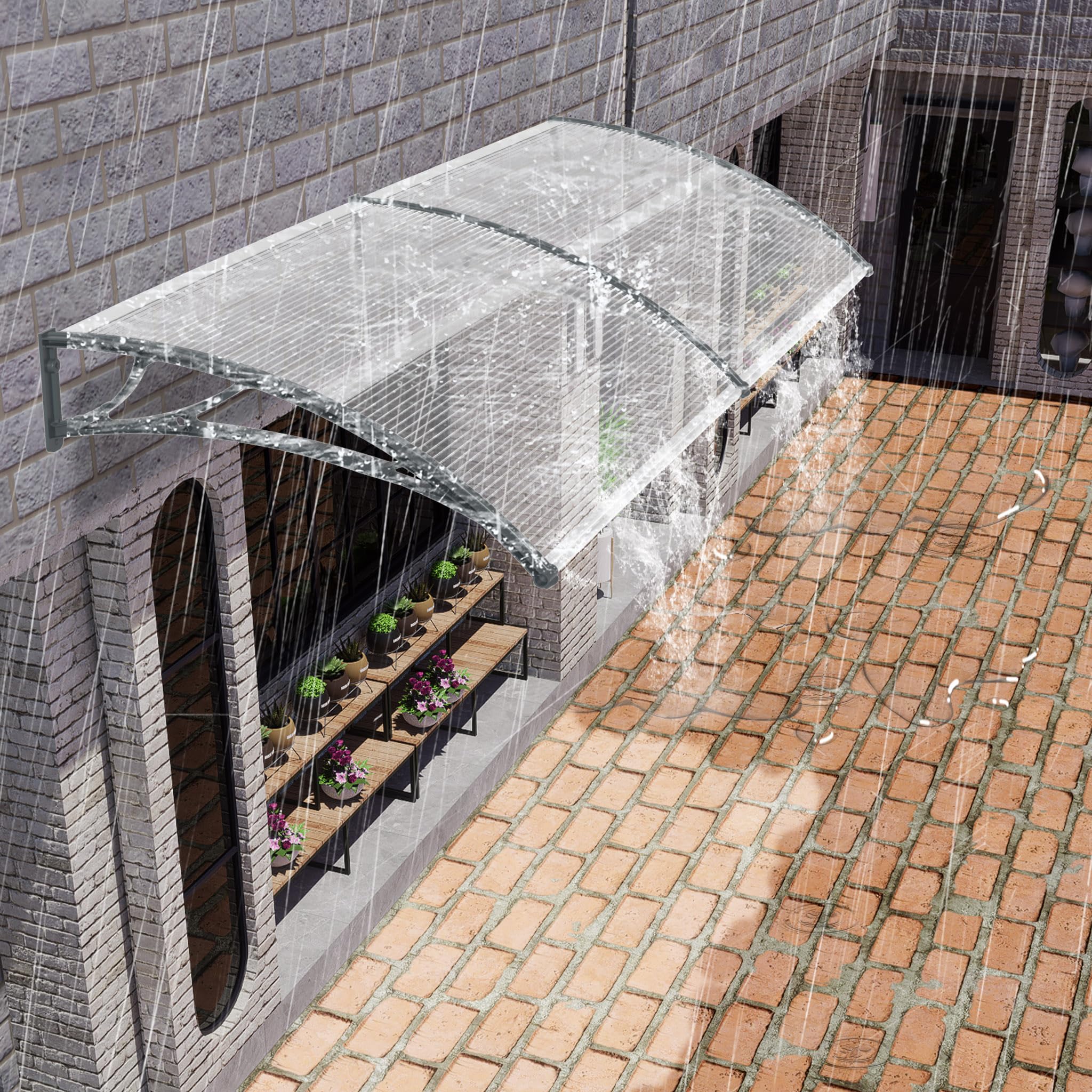 LILIIN 150x100cm Vordach für Haustür Haustürvordach Pultvordach, Türdach für Draußen, aus 5 mm Dicke Transparentes Polycarbonat, PP Halterung, Pultbogenvordach Überdachung, Graue Klammer