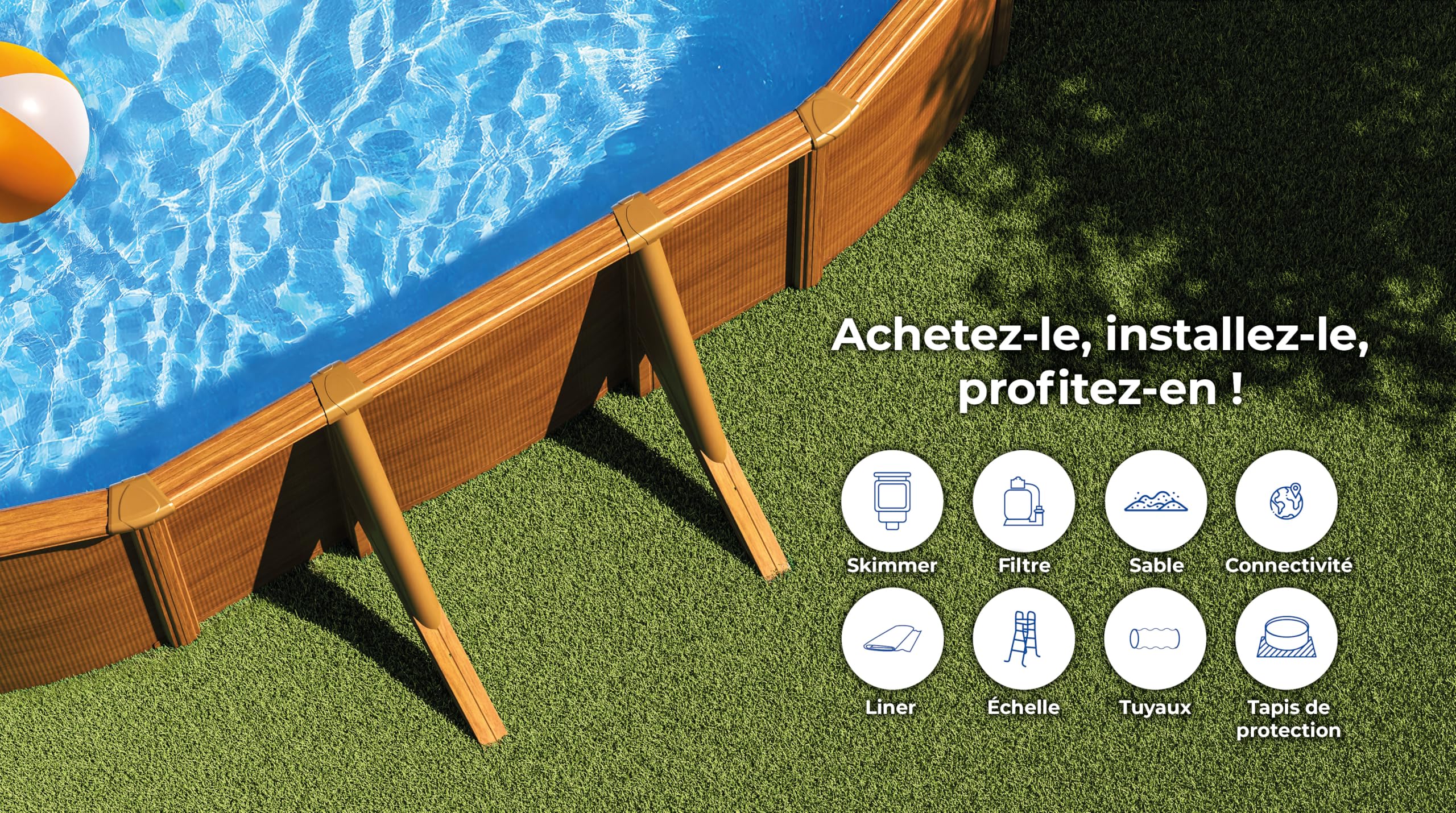 GRE KITPROV618WO Mauritius - Piscine Hors-Sol en Acier, Piscine Ovale avec Structure en Acier Imitation Bois. Piscines Hors-Sol pour Jardin, 610x375x132cm