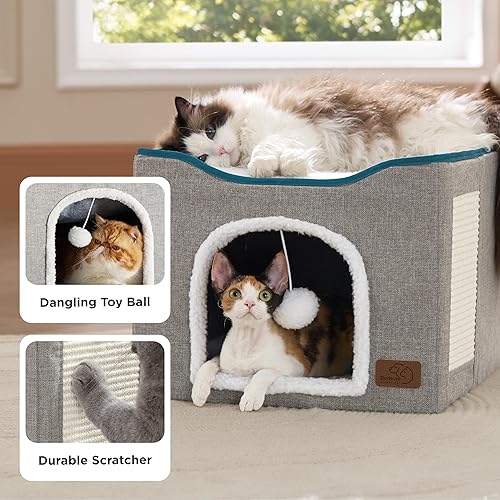 Miniatura 34 de Bedsure Casa para gatos de 2 pisos, condominios para gatos de interior con almohadilla para rascar y colgar bolas esponjosas, muebles pequeños