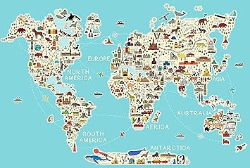 Life N Colors, Cute World Map with Animals and Monuments for Kids, Wallpaper and Wall Murals for Boys and Girls Room Walls, Self-Adhesive, DIY, Washable (2 feet X 3 feet)