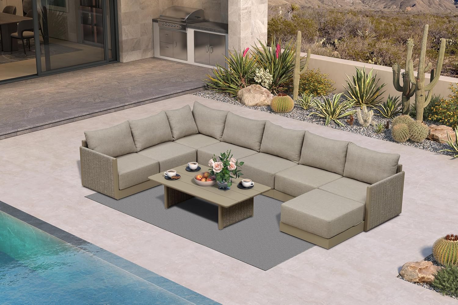 Purppuralehtinen 9 kpl patio-keskustelusetit ottomaanien kanssa Kaikki säät ulkosohva poikkipintainen setti tyynyllä pieni keskustelusetti puutarhaan uima-altaan takapihan beige