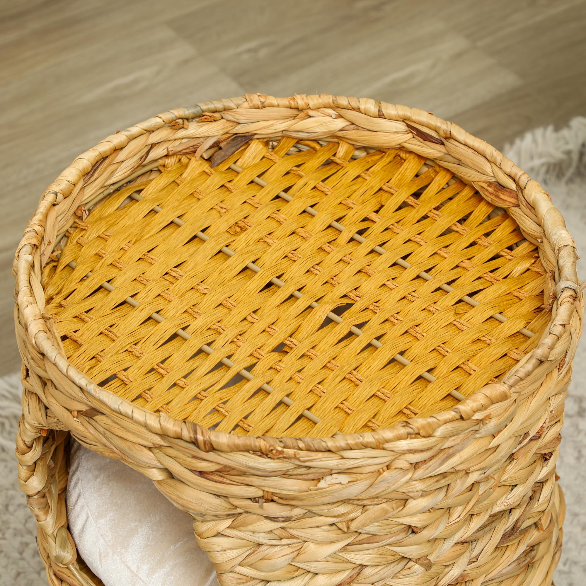 PawHut Barril rascador alto 50 cm, 2 cuevas, rascador cojín, torre agua, para gatos hasta 3,5 kg, marrón claro