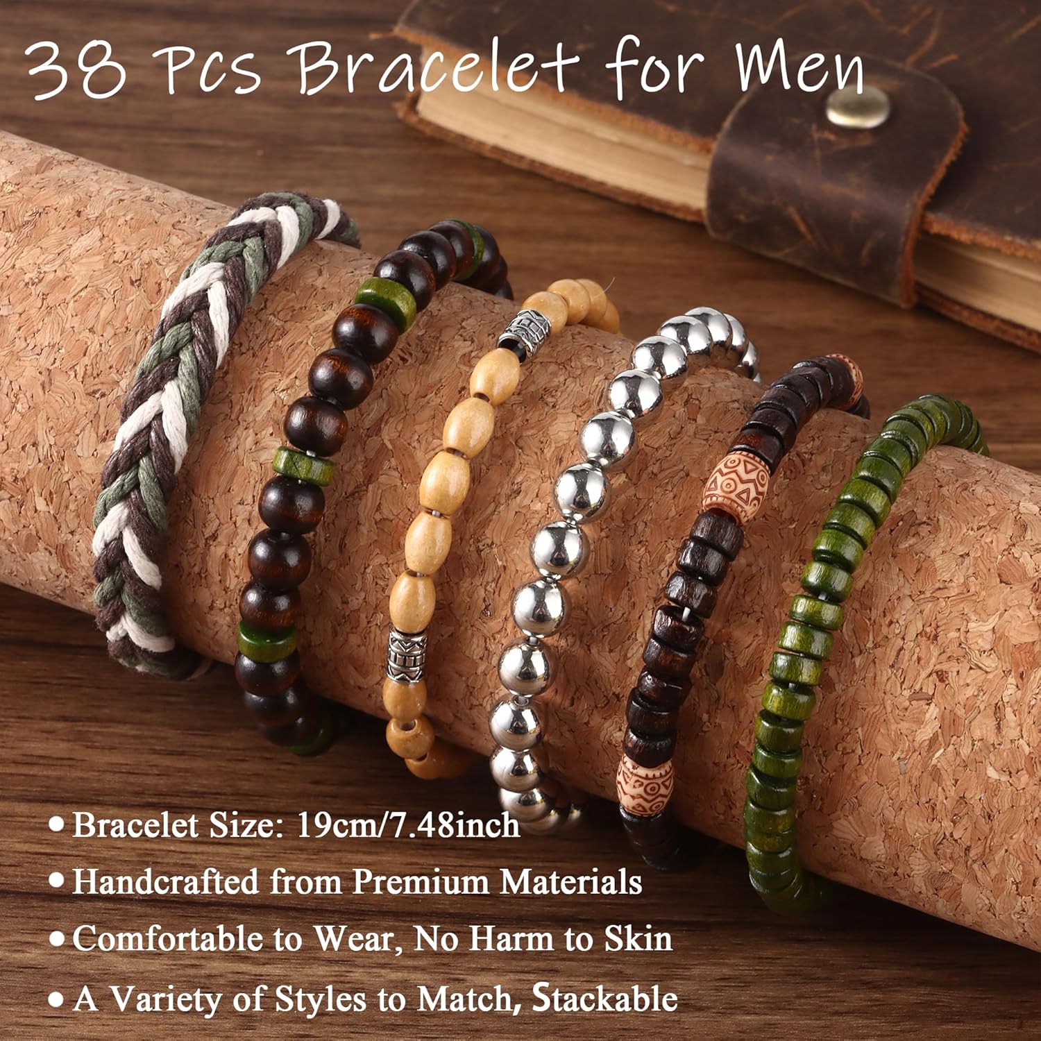 Jewdreamer 38Pcs Punk Wooden Beads Bracelets Gothic Bracelet for Men Adjustable Vintage Beaded Bracelet Metal Set Wood Bangles Wristbands Commemorative Jewelry Gift - Image 4