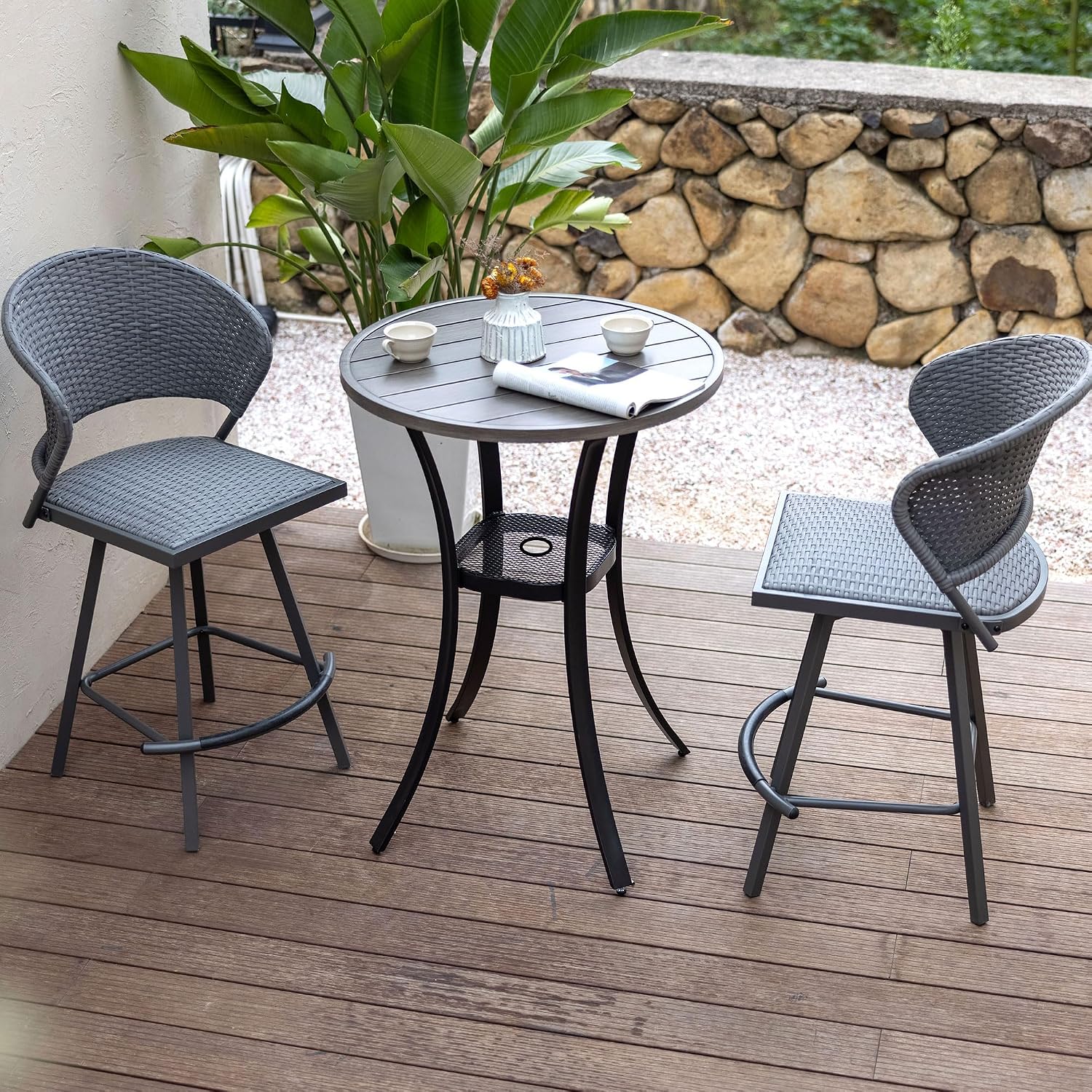 VICLLAX Outdoor Swivel Bar Stool Set of 2, Patio Bar Chairs Metal Counter Height Bar Stools Wicker Barstools for Front Porch Deck, Light Grey