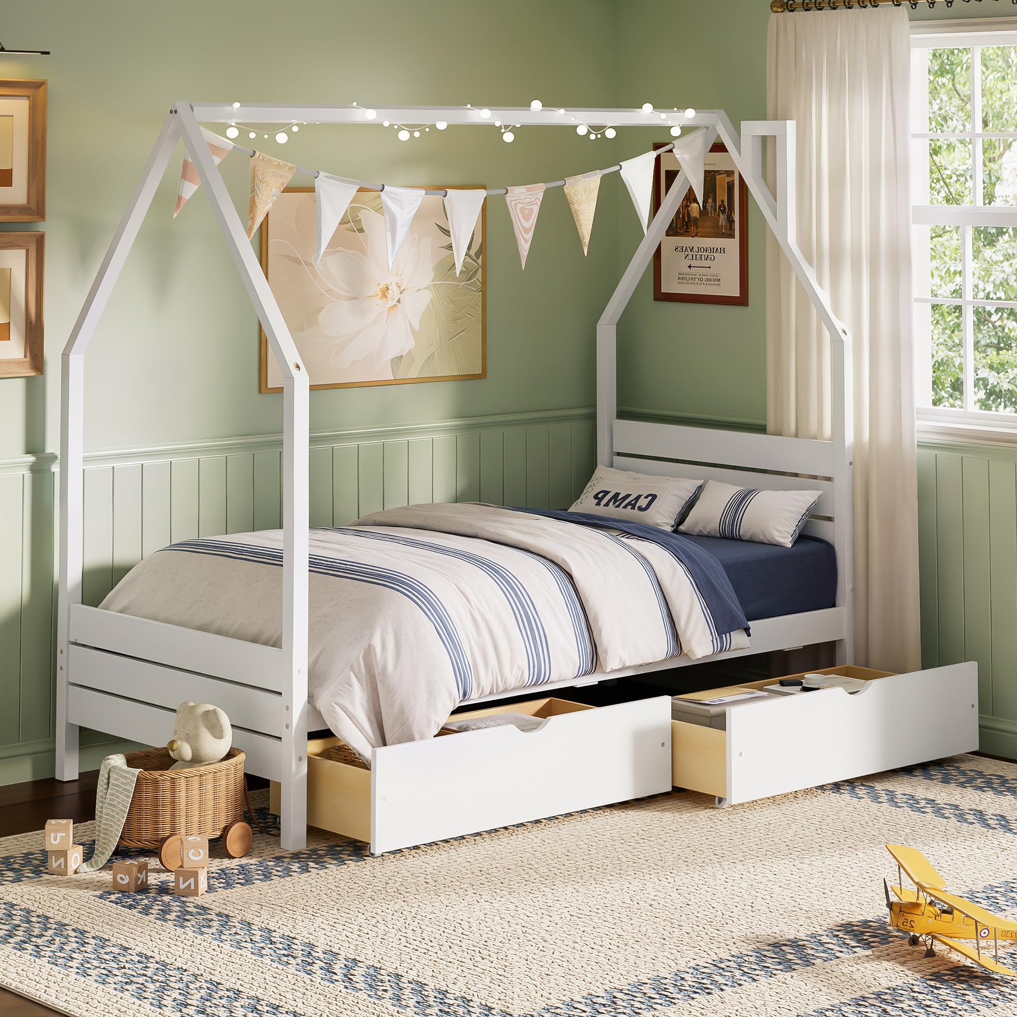 Twin Size House-Shape Platform Bed with Headboard and 2 Storage Drawers, Montessori Wood Bed Frame with Roof and Chimney Design, No Box Spring Needed, Easy Assembly (White-06, Twin)