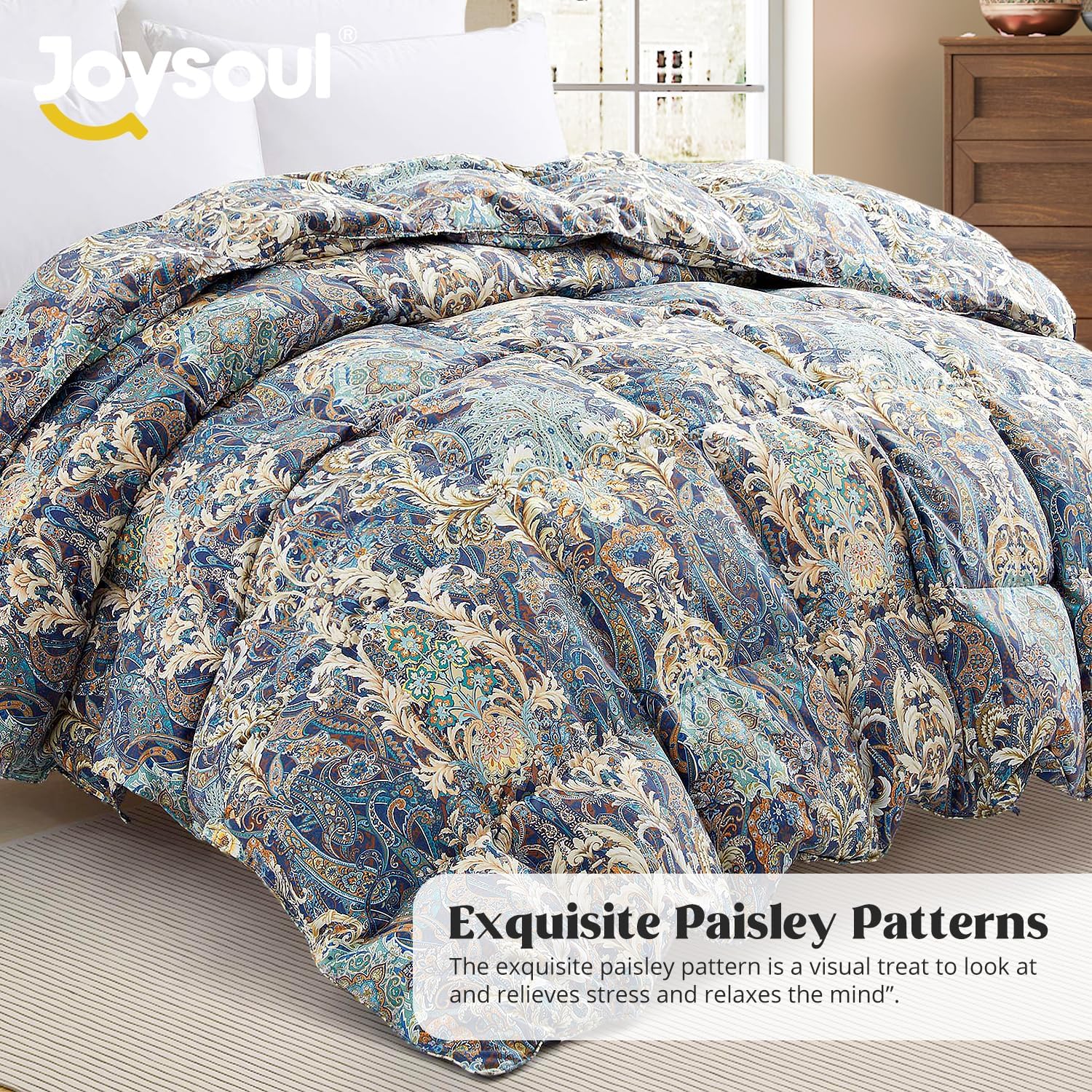 Joysoul Queen Size Down Comforter with Paisley Floral- All Season Ultra Soft Goose Feather Fiber, Luxury Vintage House Collection Down Duvet Insert with 8 Corner Tabs (88"X 90")