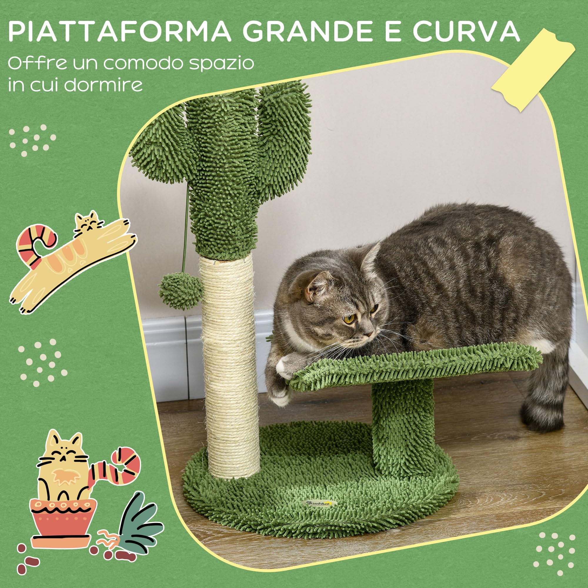 PawHut Albero per Gatti a forma di Cactus con Tiragraffi, Pallina da Gioco e Piattaforma, Torre per Gatti in Truciolato e Ciniglia, 35x31x55.5 cm, Verde e Bianco