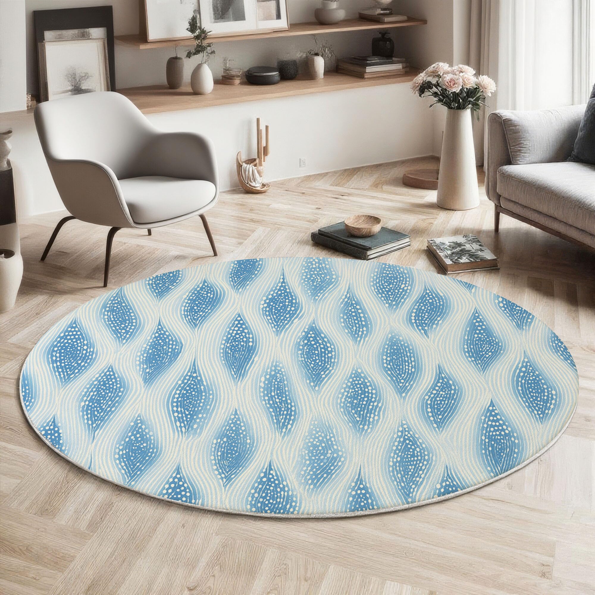 Tapis rond lavable en machine de 120cm avec dossier antidérapant bleu