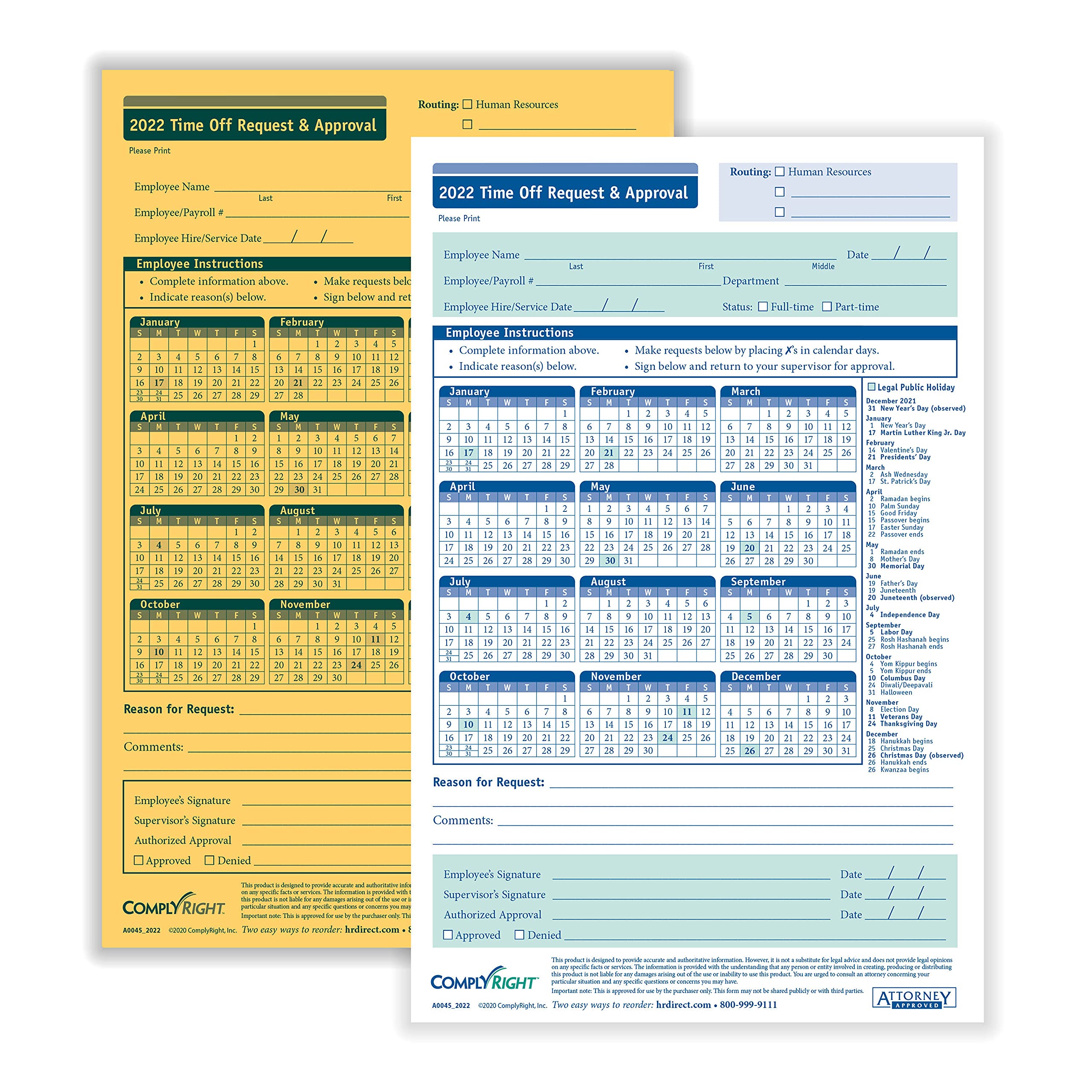 ComplyRight 2022 Time Off Request and Approval Form, Small (5 1/2" x 8 1/2"), 2-Part, Pack of 50